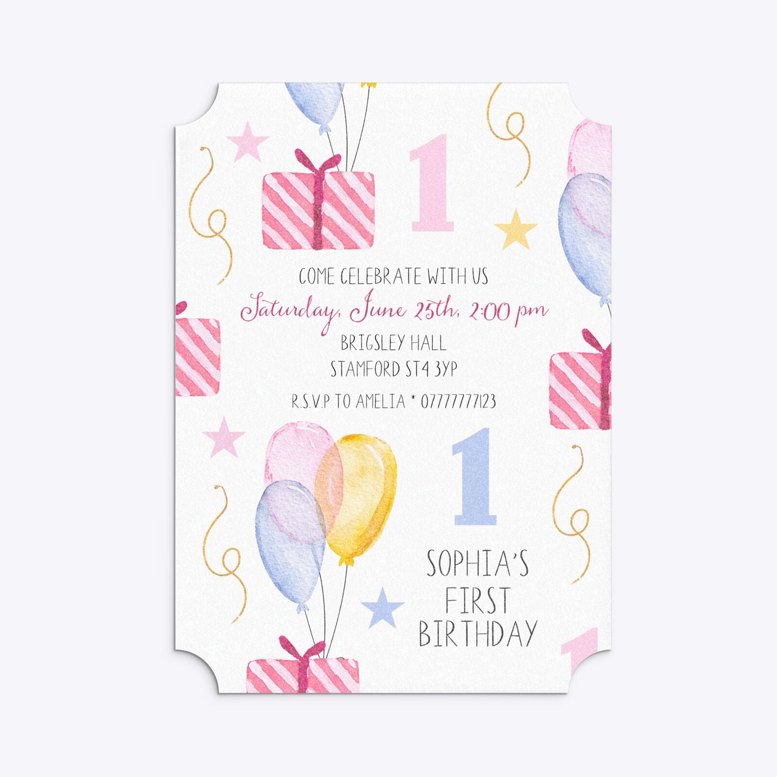 Personalised Girls First Birthday Ticket Invitation Glitter