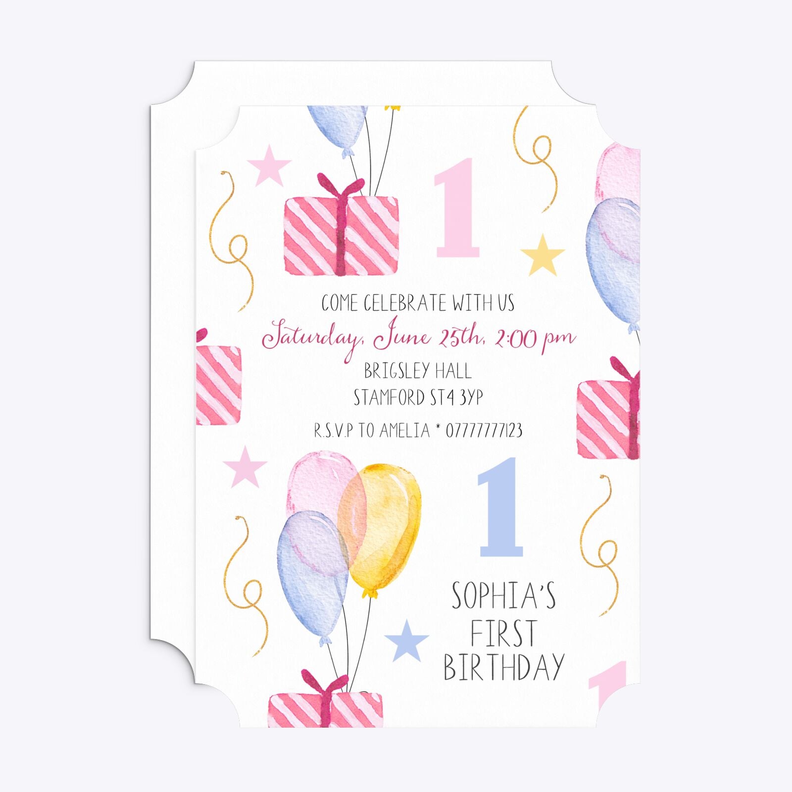 Personalised Girls First Birthday Ticket Invitation Matte Paper Front and Back Image