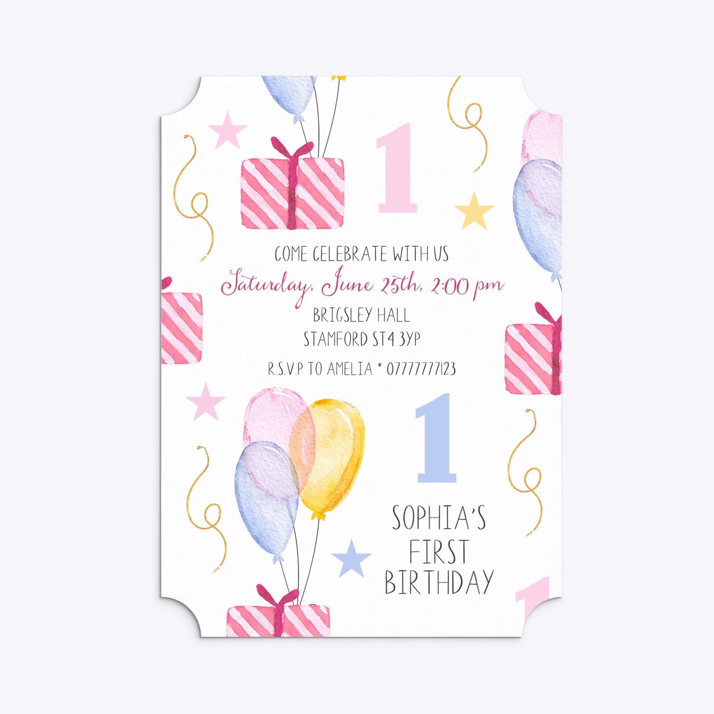 Personalised Girls First Birthday Ticket Invitation Matte Paper