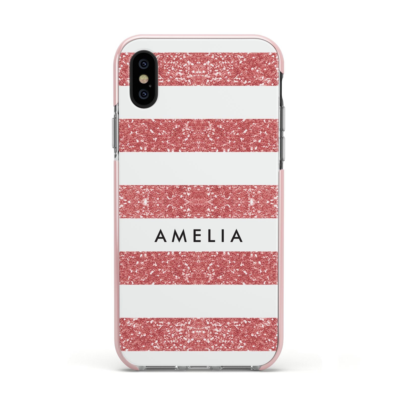 Personalised Glitter Effect Name Initials Apple iPhone Xs Impact Case Pink Edge on Black Phone
