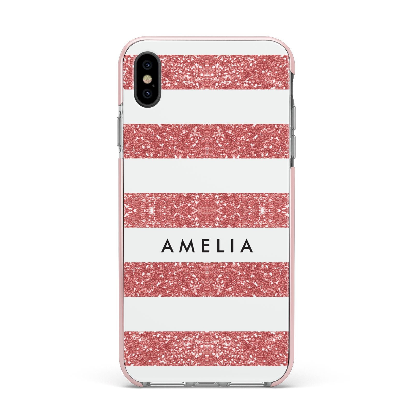 Personalised Glitter Effect Name Initials Apple iPhone Xs Max Impact Case Pink Edge on Black Phone