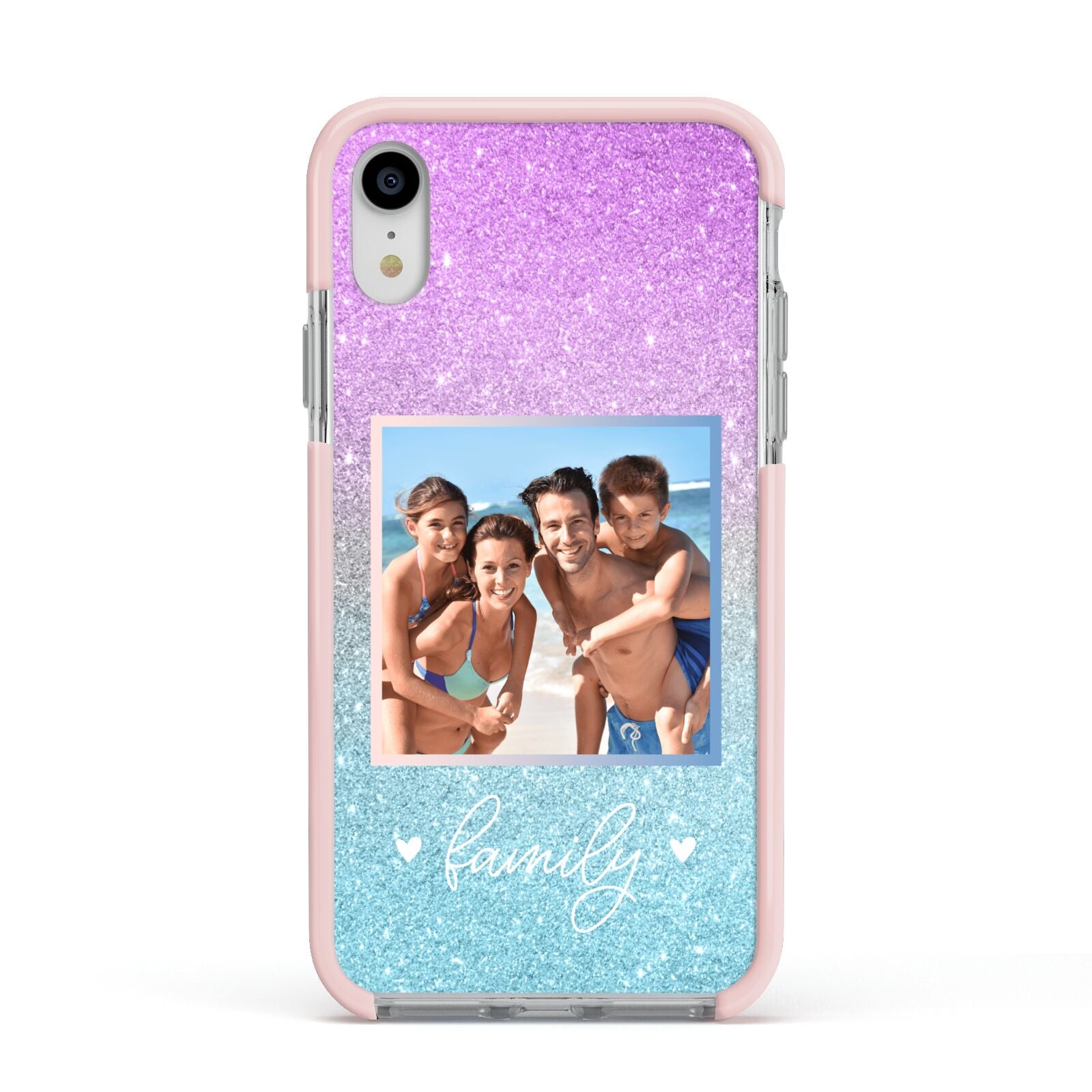 Personalised Glitter Photo Apple iPhone XR Impact Case Pink Edge on Silver Phone