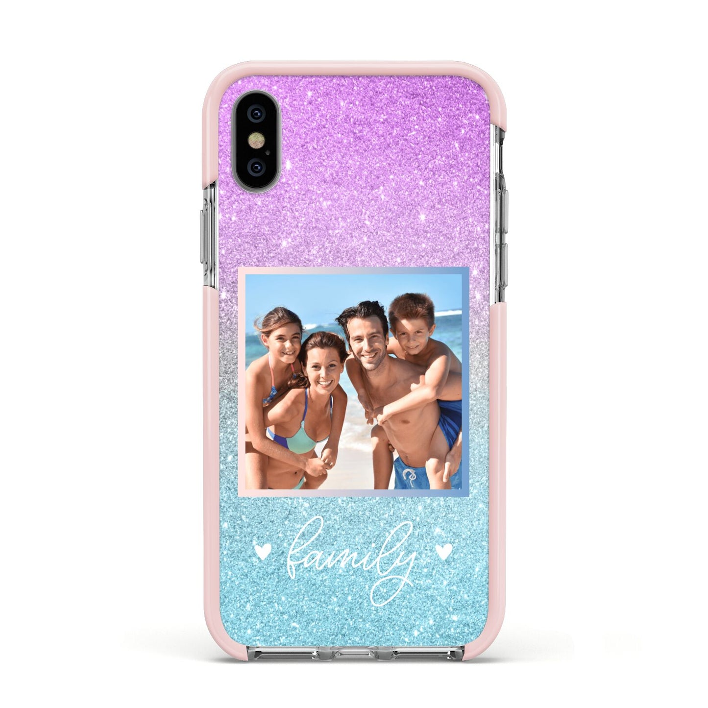 Personalised Glitter Photo Apple iPhone Xs Impact Case Pink Edge on Silver Phone