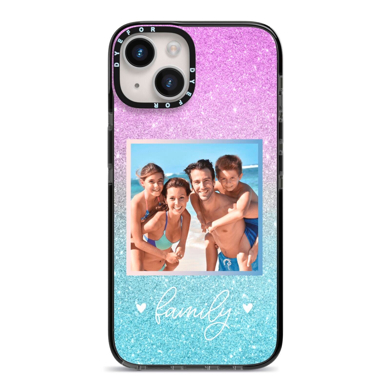Personalised Glitter Photo iPhone 14 Black Impact Case on Silver phone