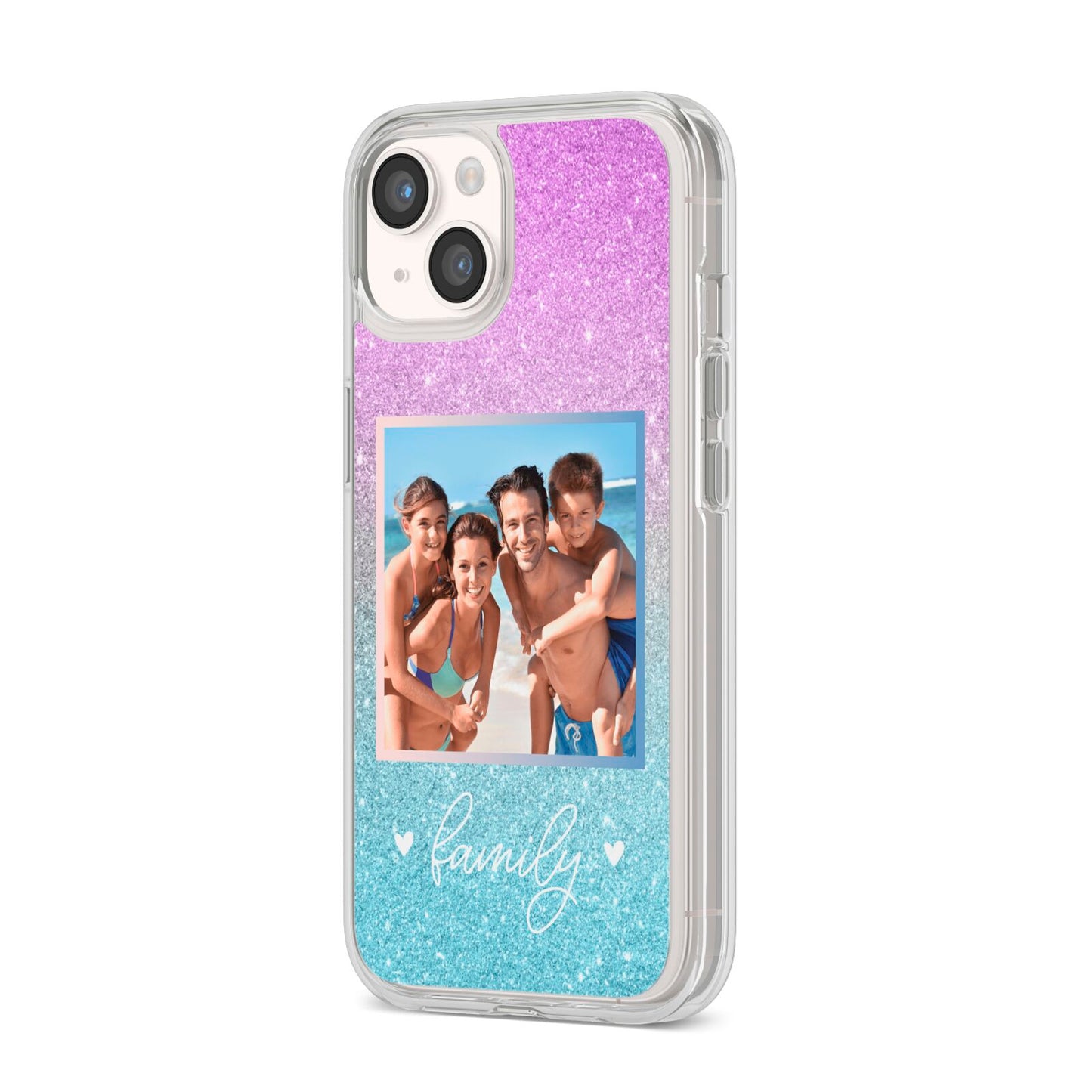 Personalised Glitter Photo iPhone 14 Clear Tough Case Starlight Angled Image