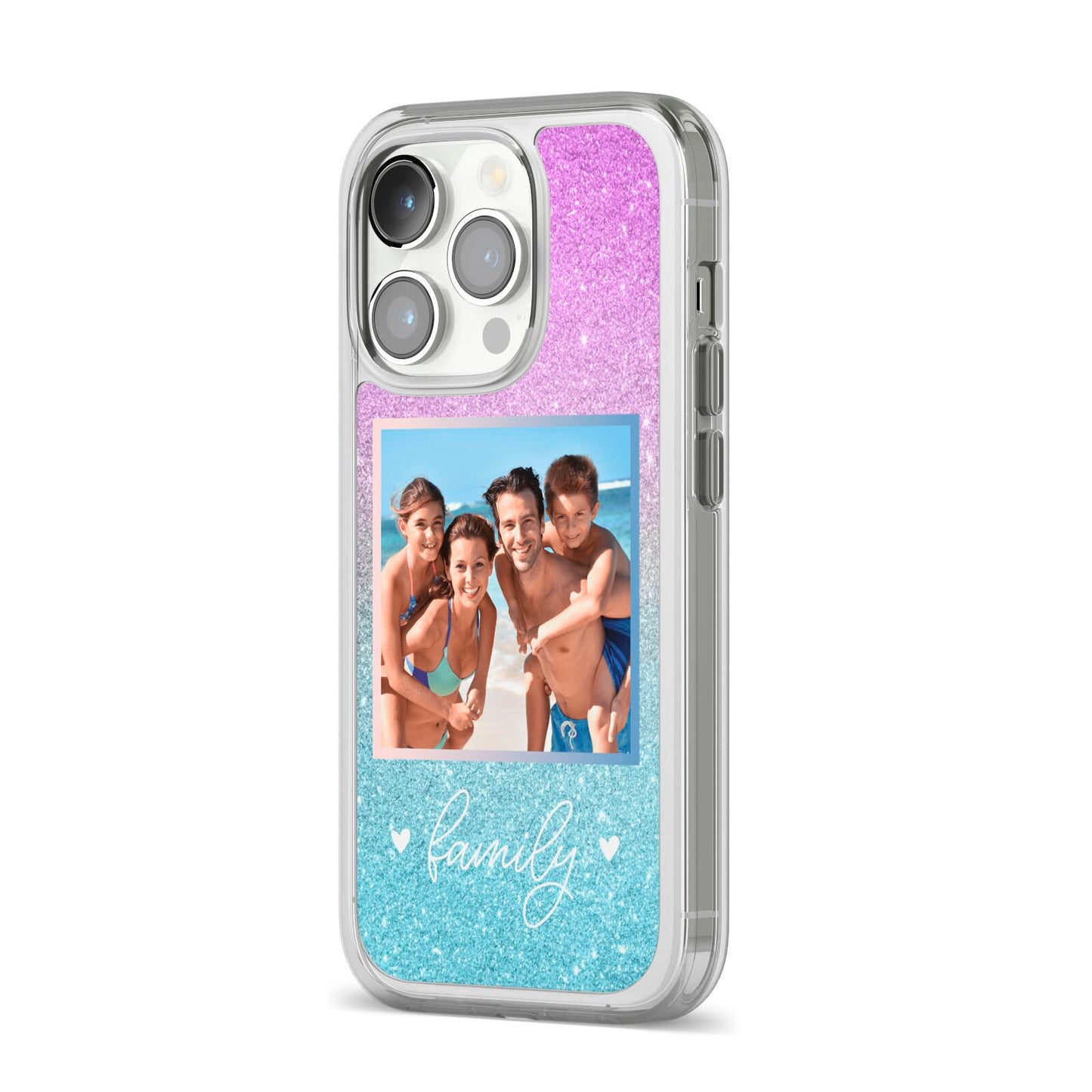 Personalised Glitter Photo iPhone 14 Pro Clear Tough Case Silver Angled Image