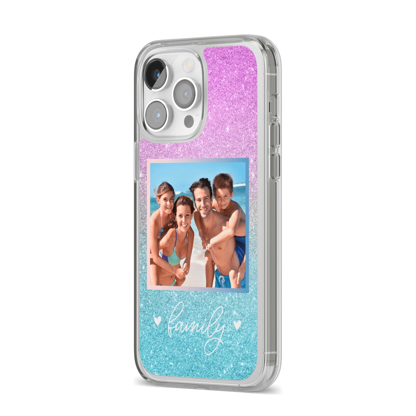 Personalised Glitter Photo iPhone 14 Pro Max Clear Tough Case Silver Angled Image