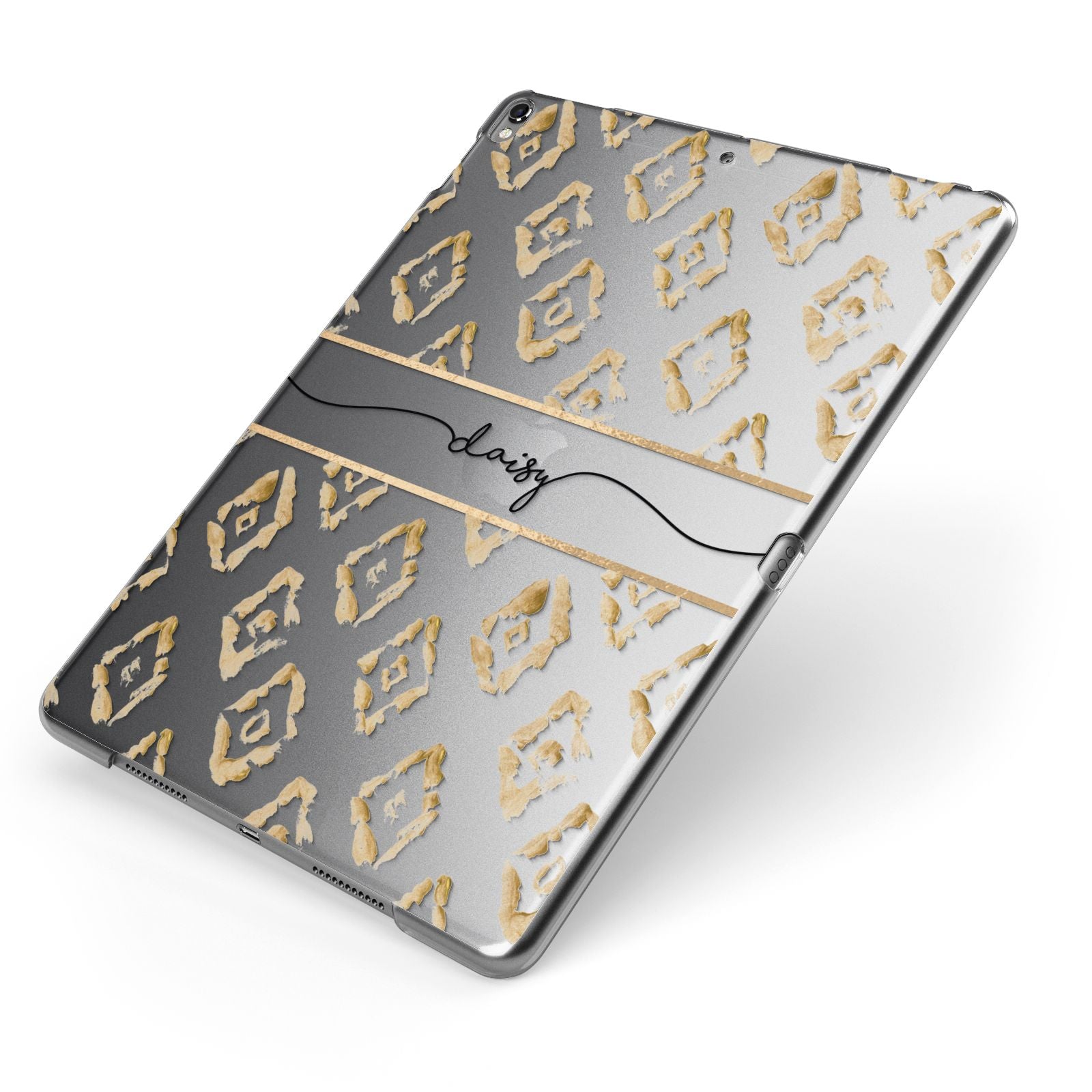 Personalised Gold Aztec Apple iPad Case on Grey iPad Side View