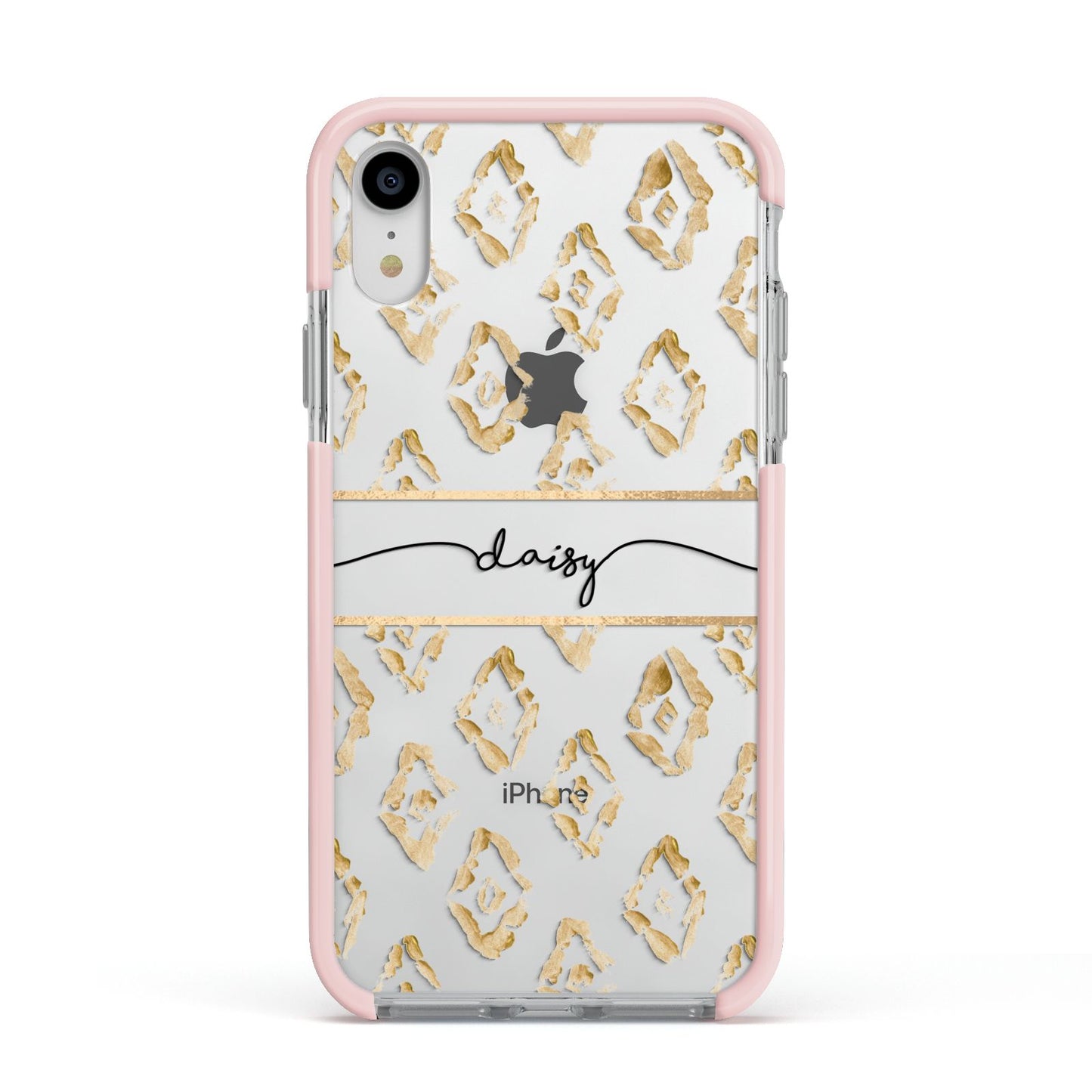 Personalised Gold Aztec Apple iPhone XR Impact Case Pink Edge on Silver Phone