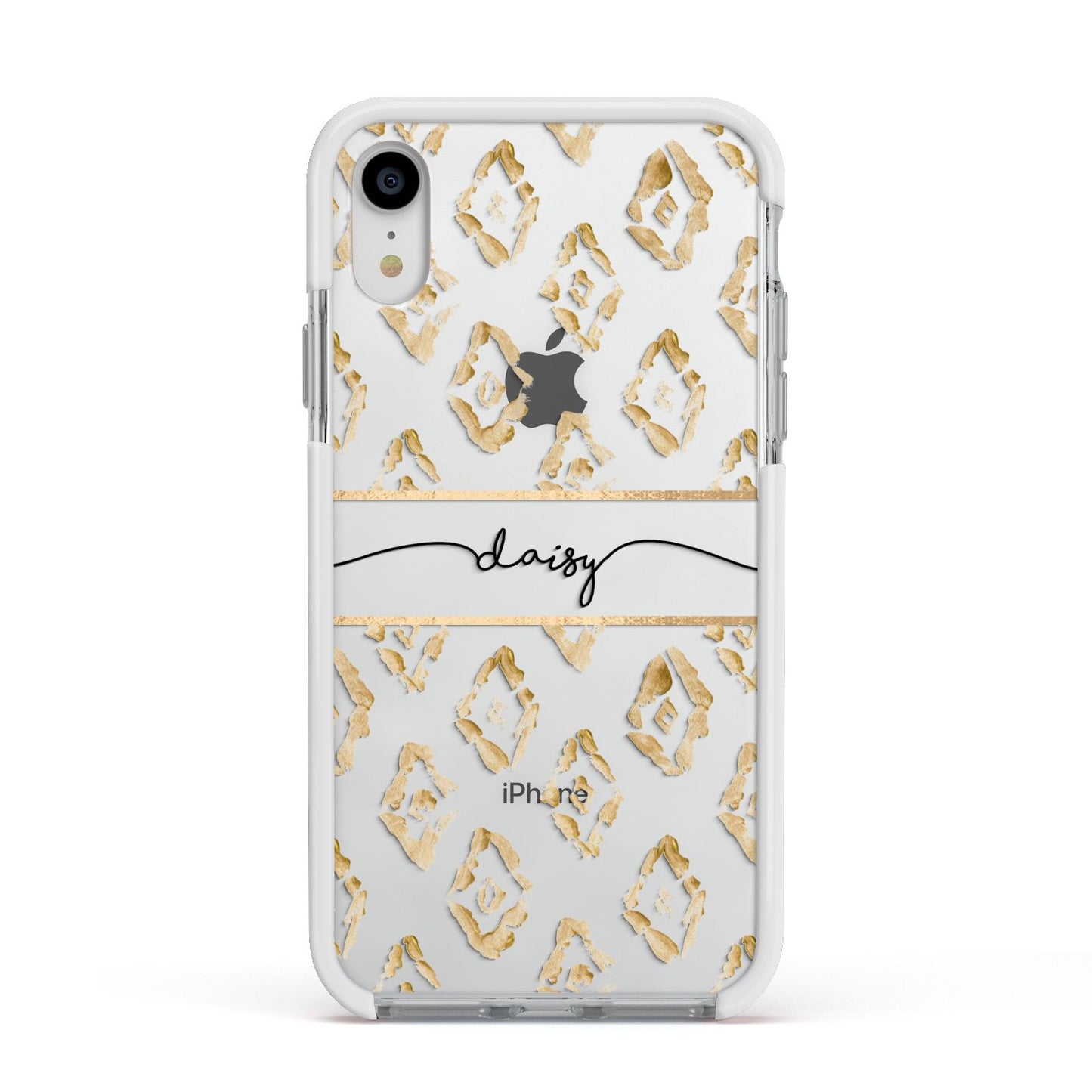 Personalised Gold Aztec Apple iPhone XR Impact Case White Edge on Silver Phone