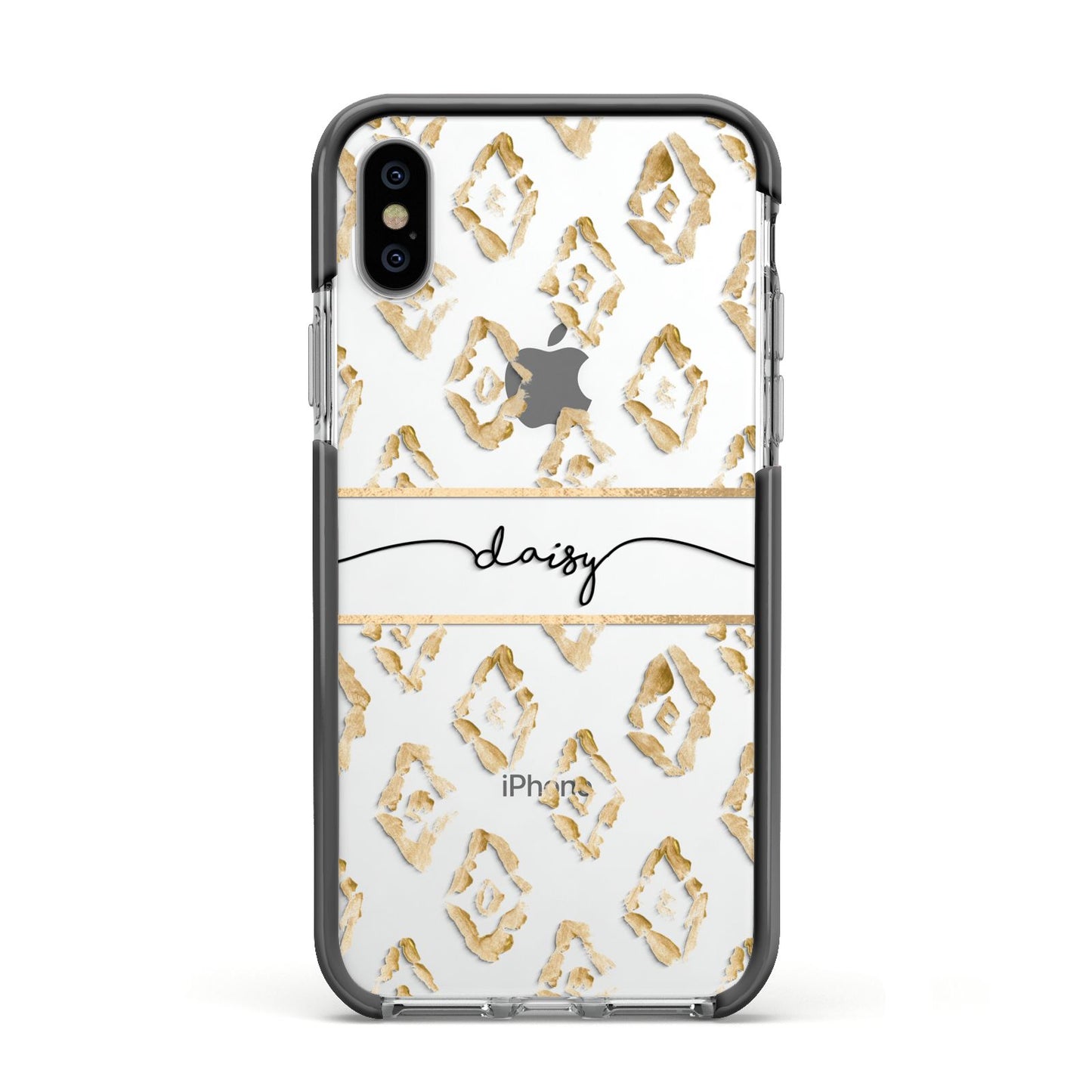 Personalised Gold Aztec Apple iPhone Xs Impact Case Black Edge on Silver Phone