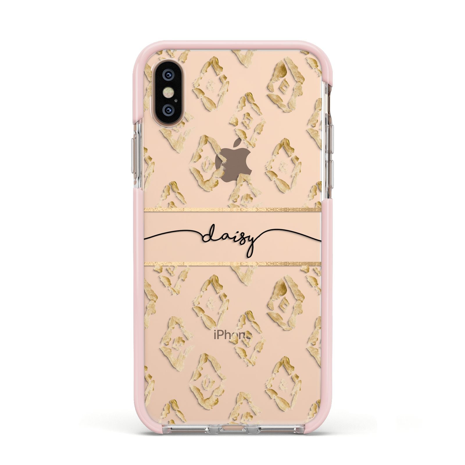 Personalised Gold Aztec Apple iPhone Xs Impact Case Pink Edge on Gold Phone
