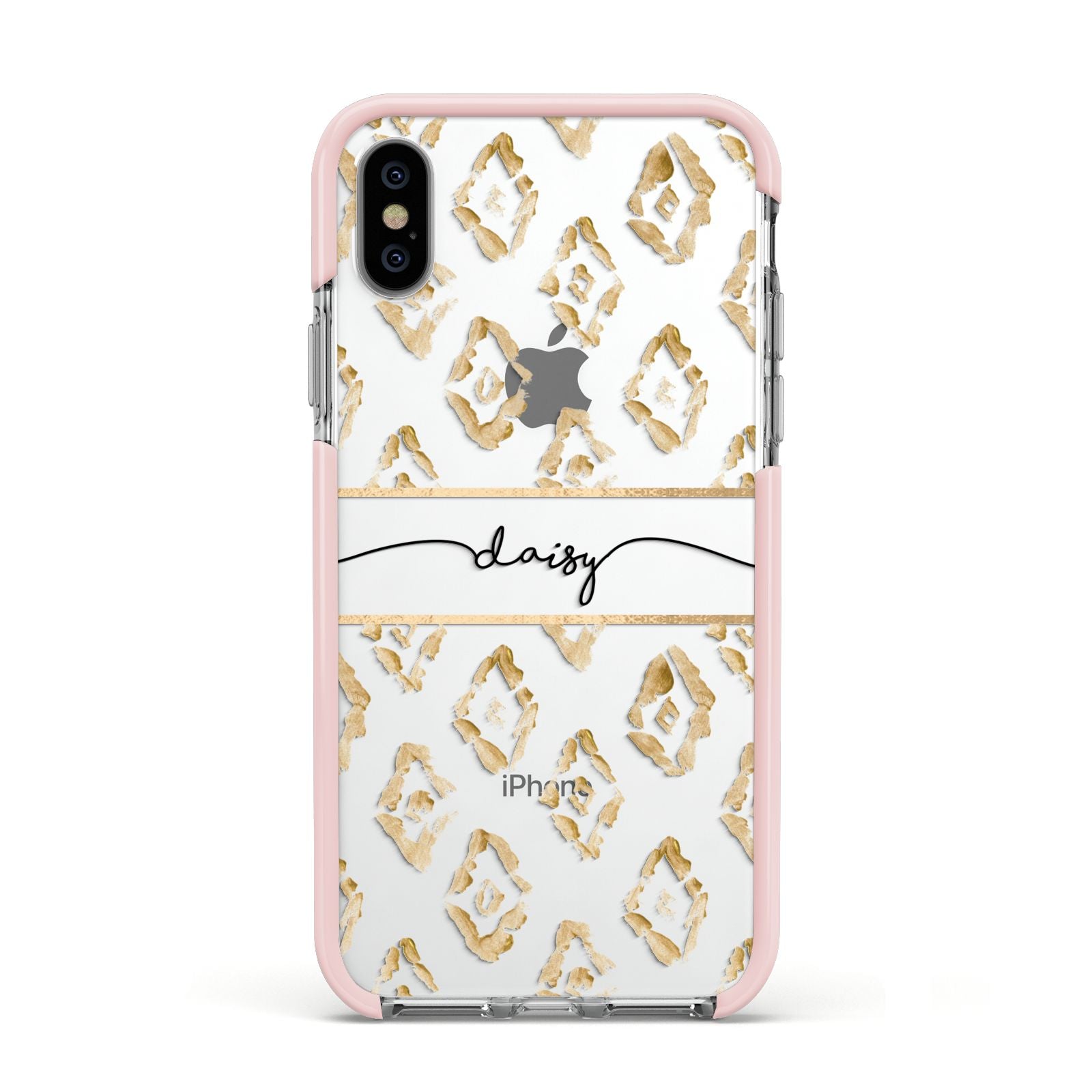 Personalised Gold Aztec Apple iPhone Xs Impact Case Pink Edge on Silver Phone