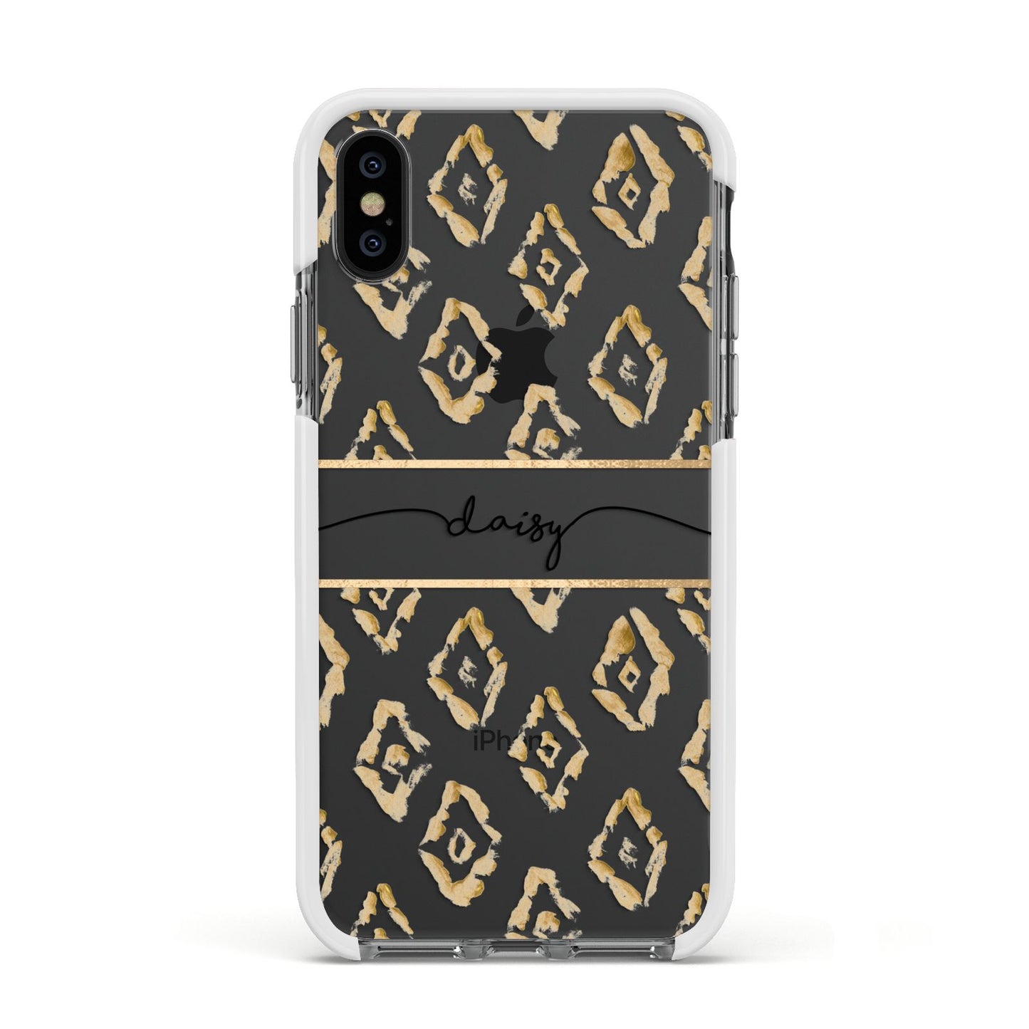 Personalised Gold Aztec Apple iPhone Xs Impact Case White Edge on Black Phone