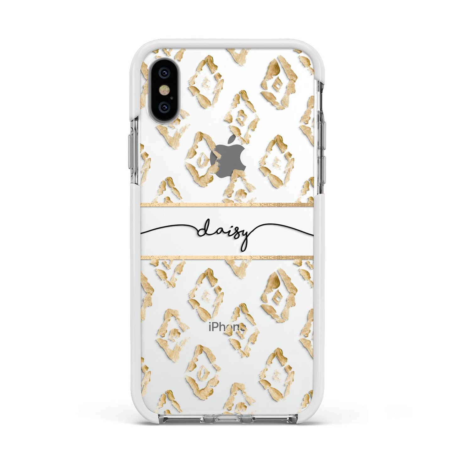 Personalised Gold Aztec Apple iPhone Xs Impact Case White Edge on Silver Phone