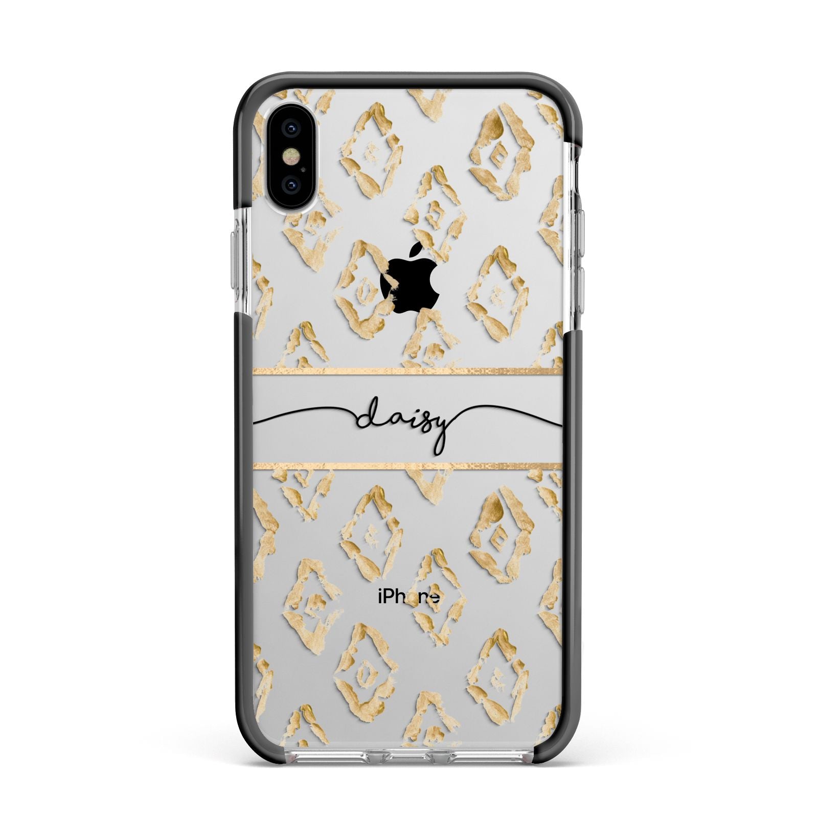 Personalised Gold Aztec Apple iPhone Xs Max Impact Case Black Edge on Silver Phone