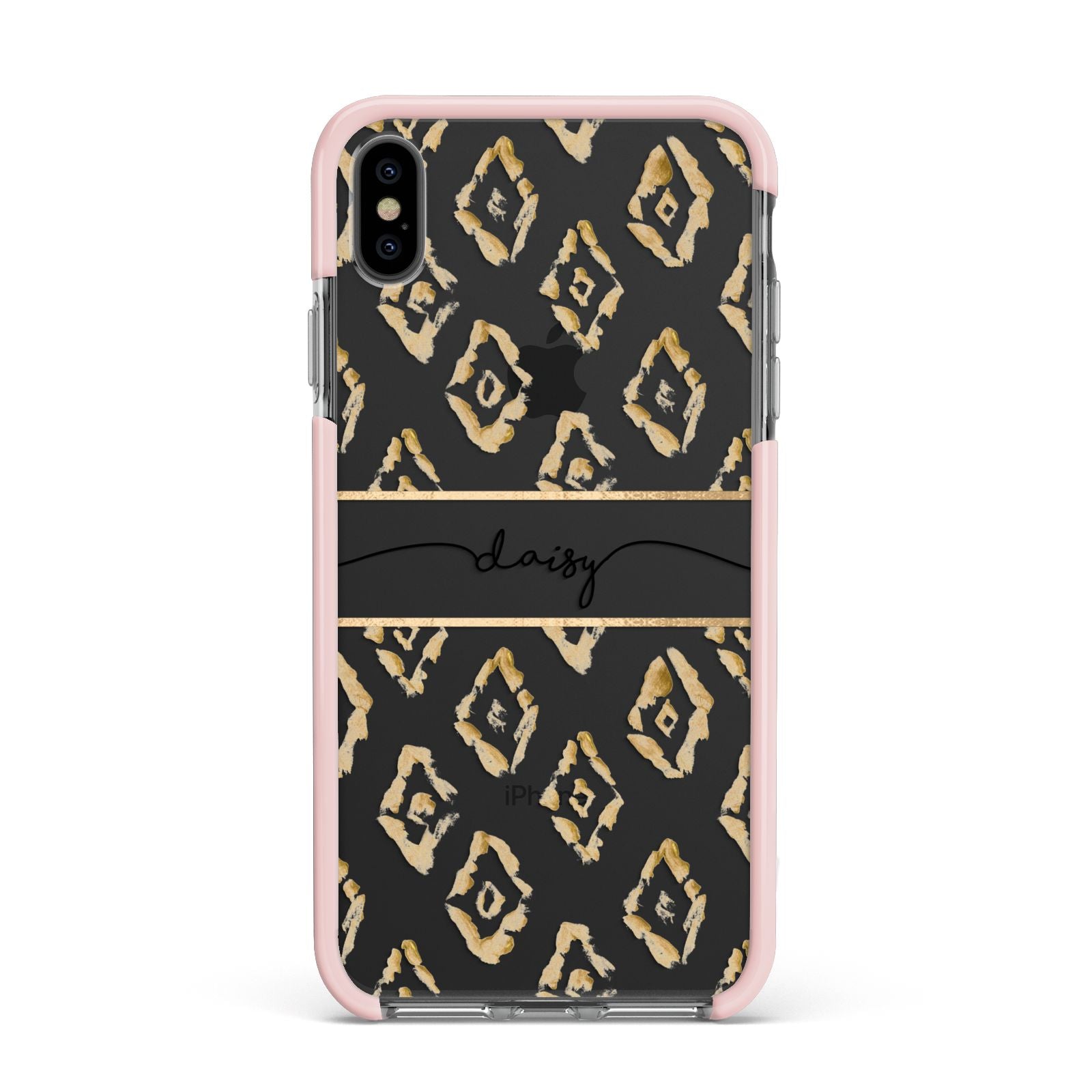 Personalised Gold Aztec Apple iPhone Xs Max Impact Case Pink Edge on Black Phone