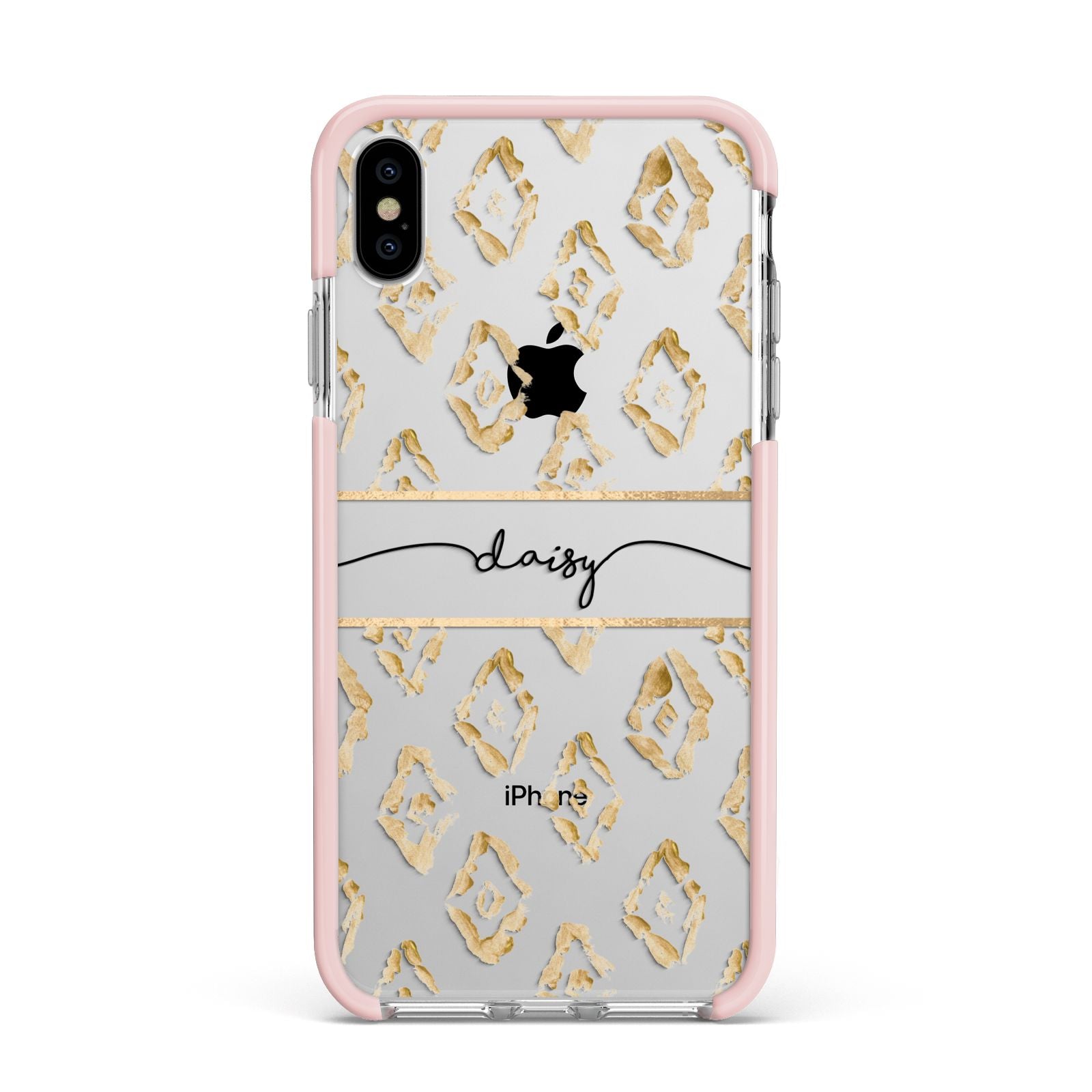 Personalised Gold Aztec Apple iPhone Xs Max Impact Case Pink Edge on Silver Phone