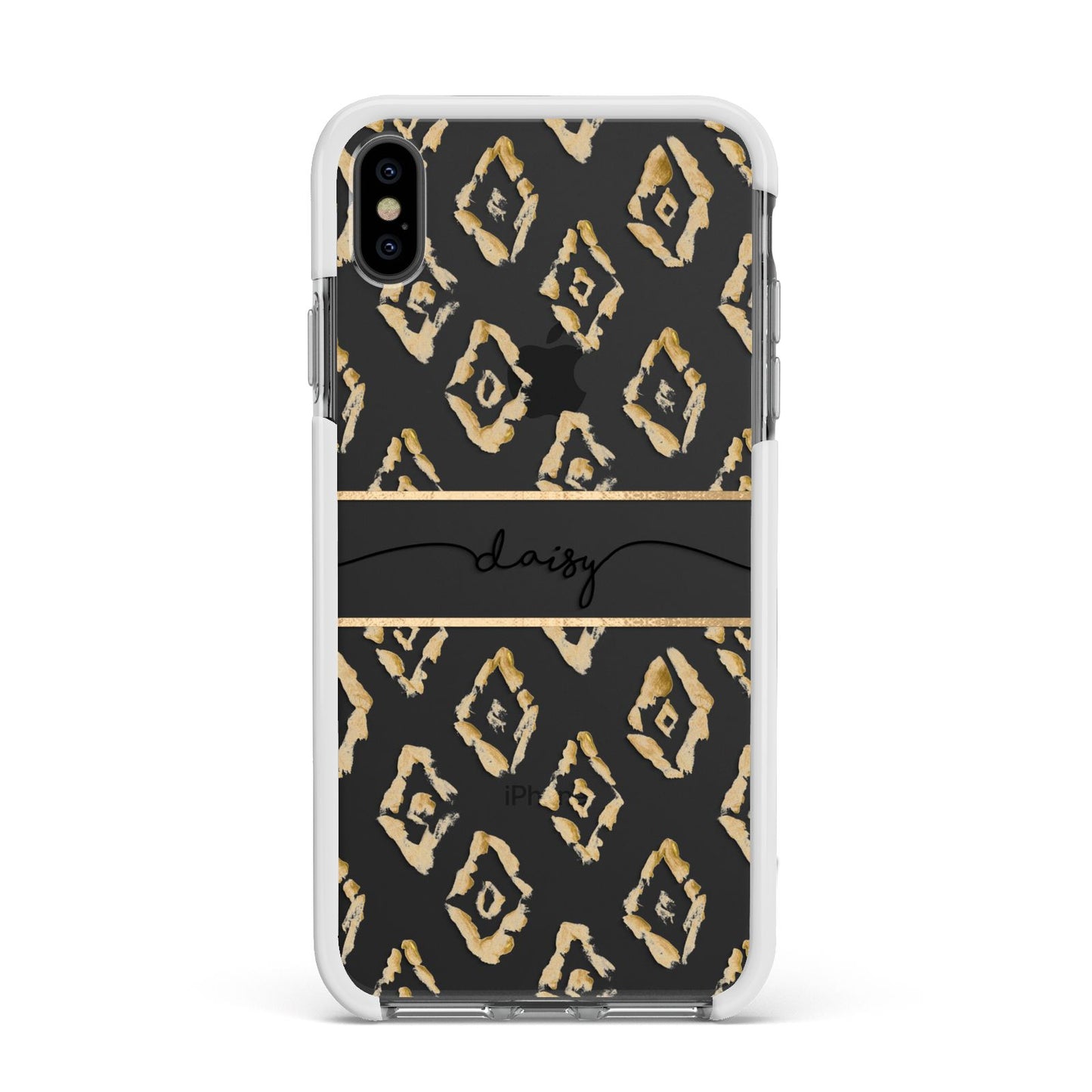 Personalised Gold Aztec Apple iPhone Xs Max Impact Case White Edge on Black Phone