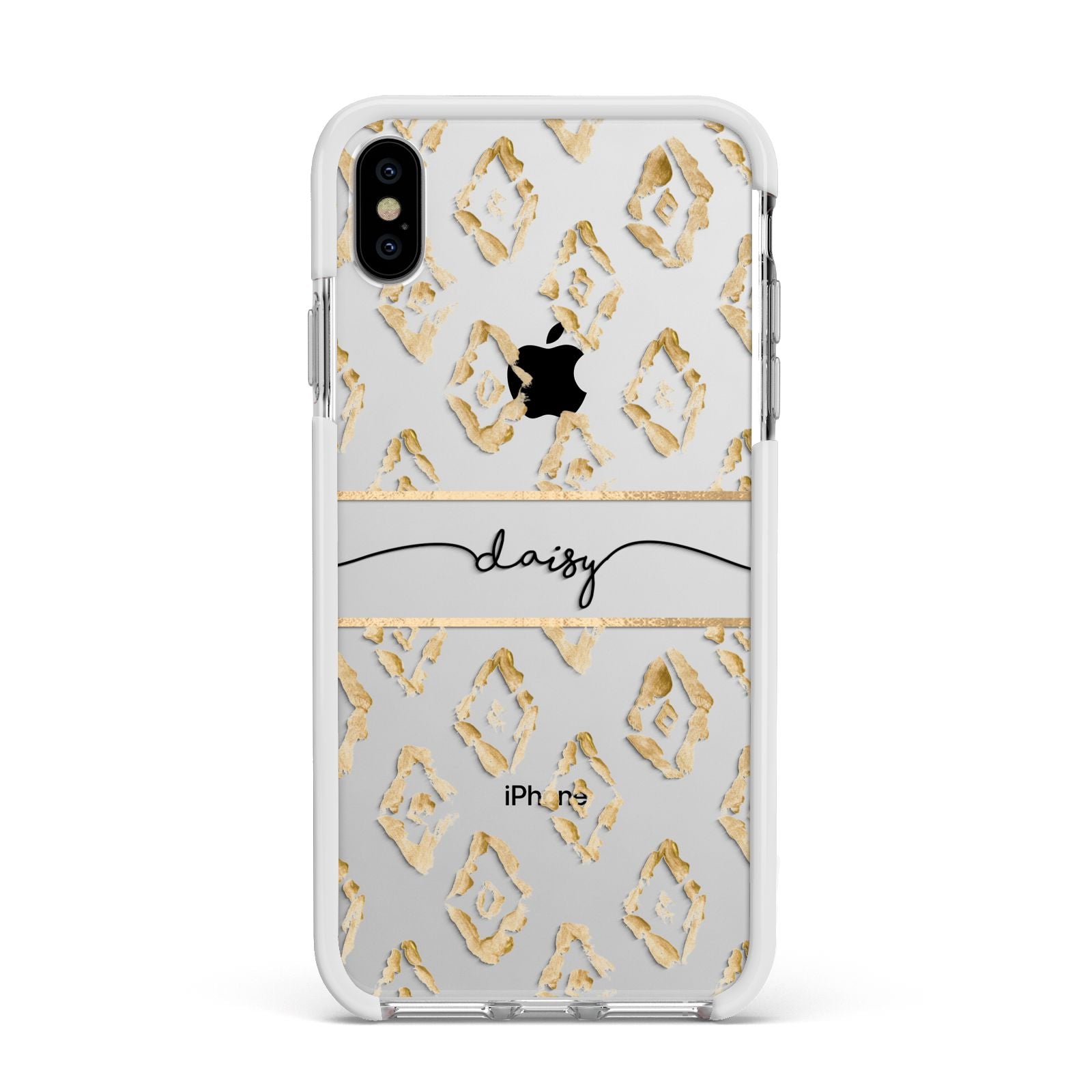 Personalised Gold Aztec Apple iPhone Xs Max Impact Case White Edge on Silver Phone