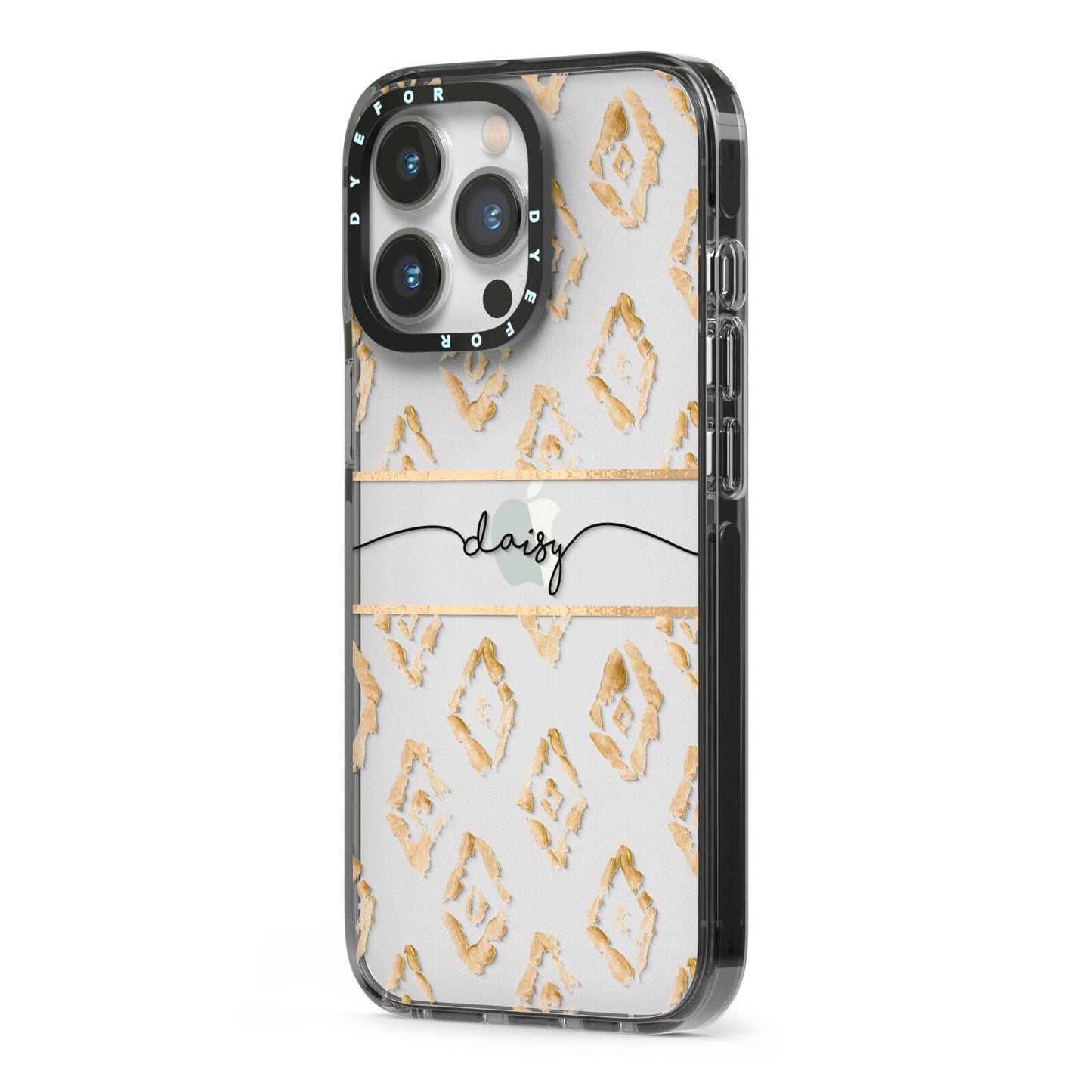 Personalised Gold Aztec iPhone 13 Pro Black Impact Case Side Angle on Silver phone