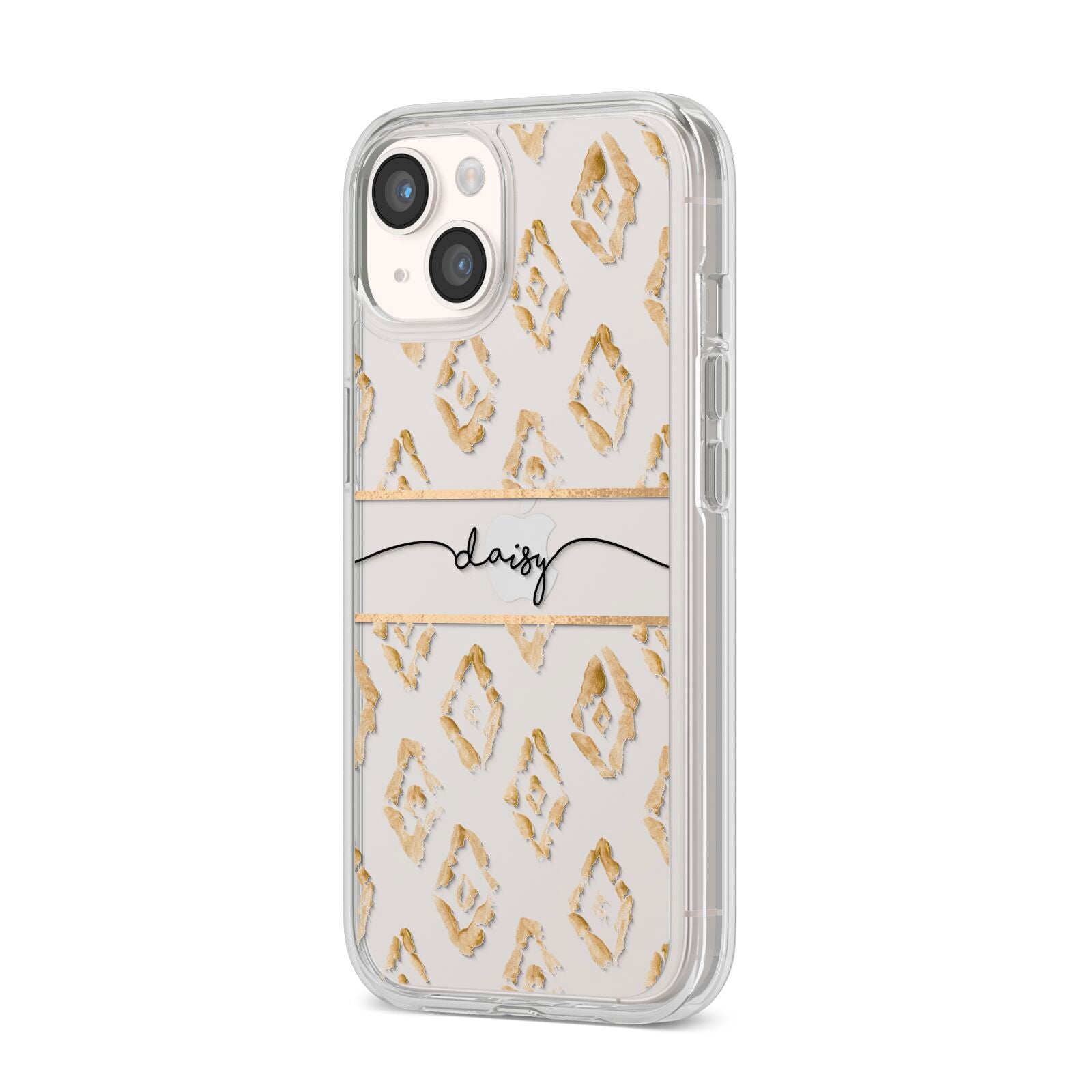 Personalised Gold Aztec iPhone 14 Clear Tough Case Starlight Angled Image