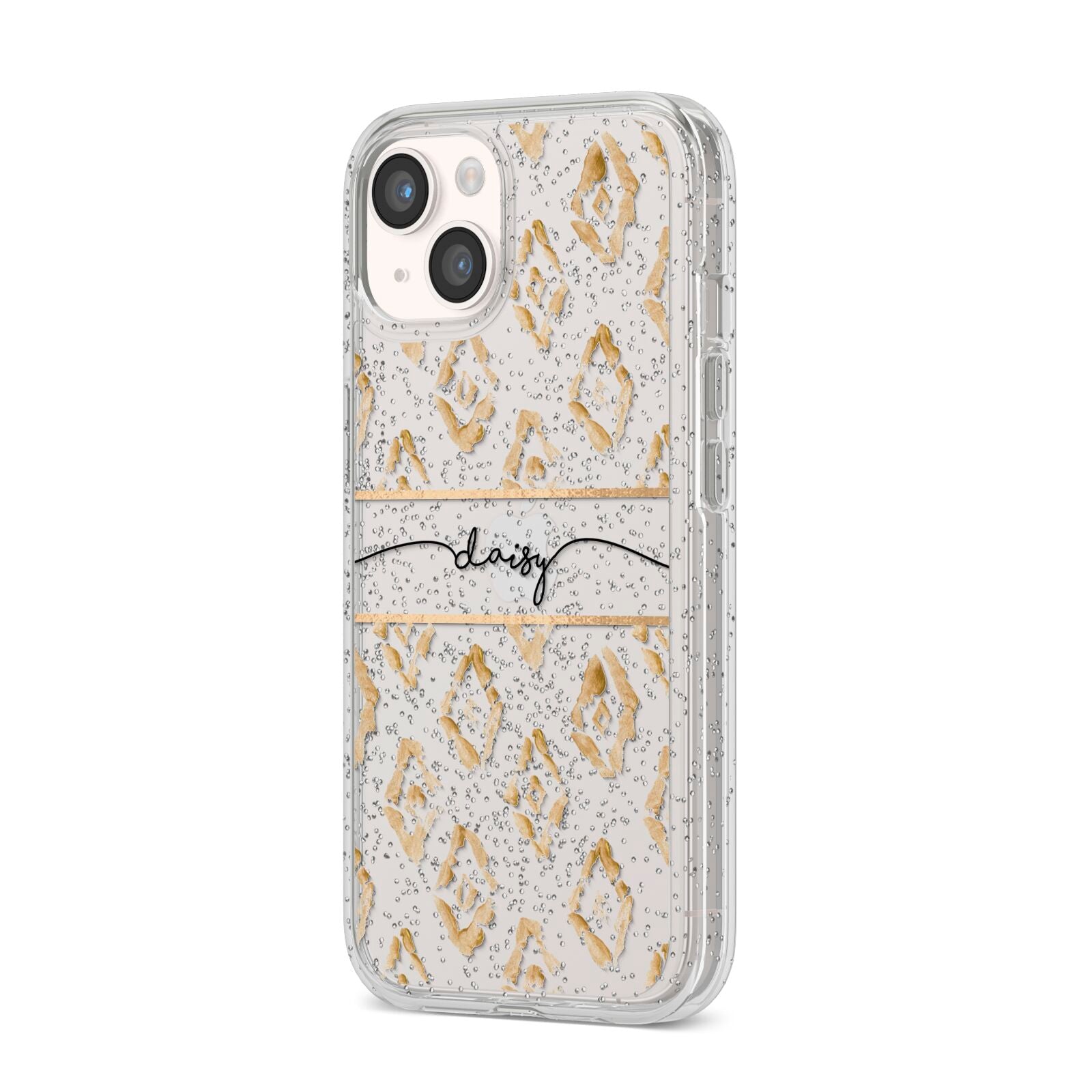 Personalised Gold Aztec iPhone 14 Glitter Tough Case Starlight Angled Image