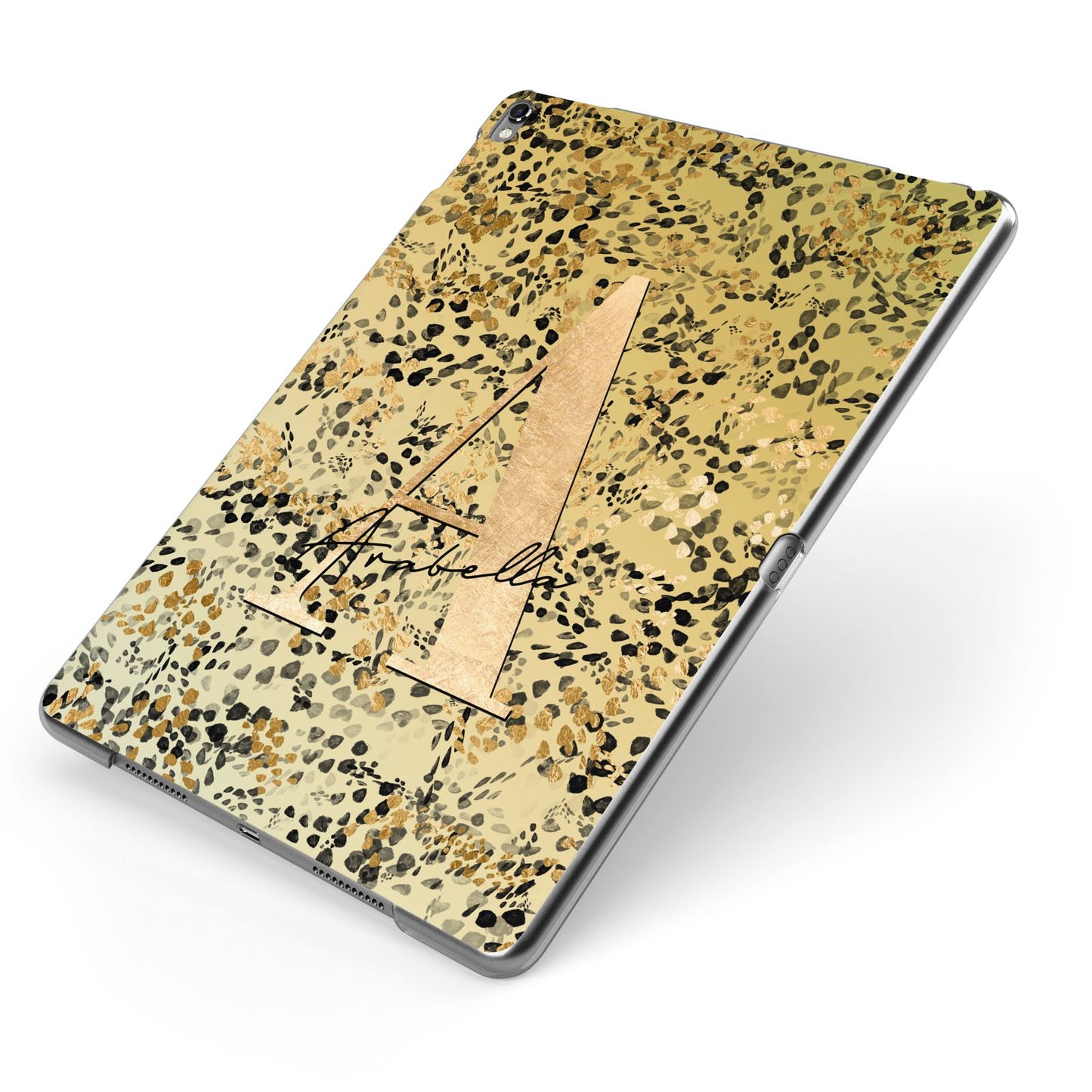 Personalised Gold Black Cheetah Apple iPad Case on Grey iPad Side View