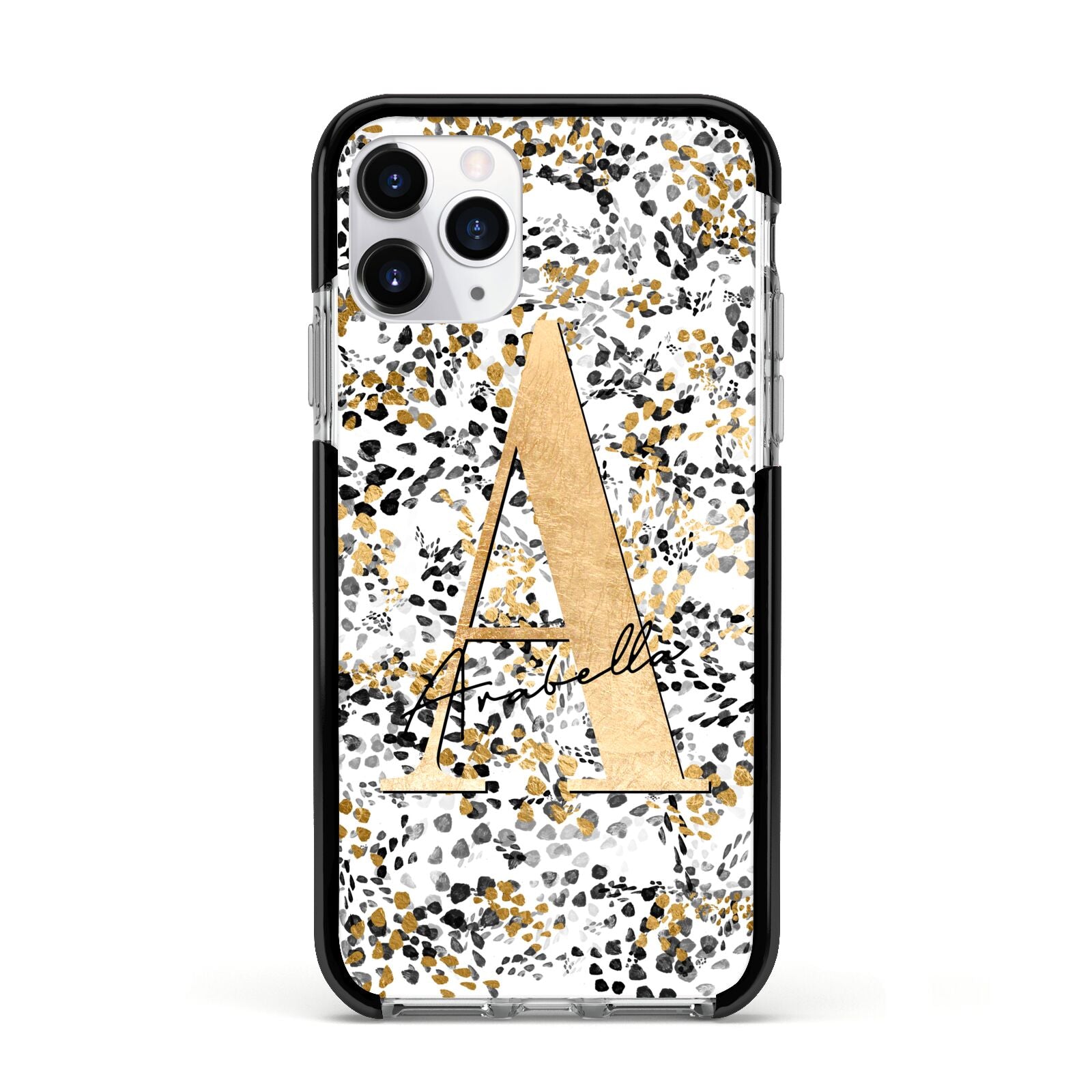 Personalised Gold Black Cheetah Apple iPhone 11 Pro in Silver with Black Impact Case