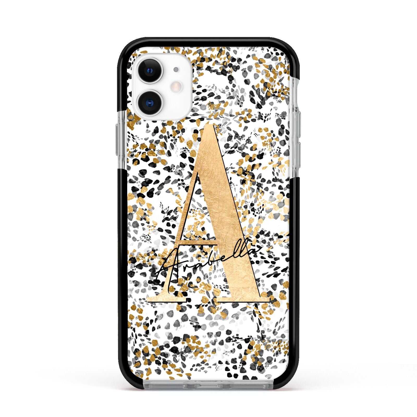 Personalised Gold Black Cheetah Apple iPhone 11 in White with Black Impact Case