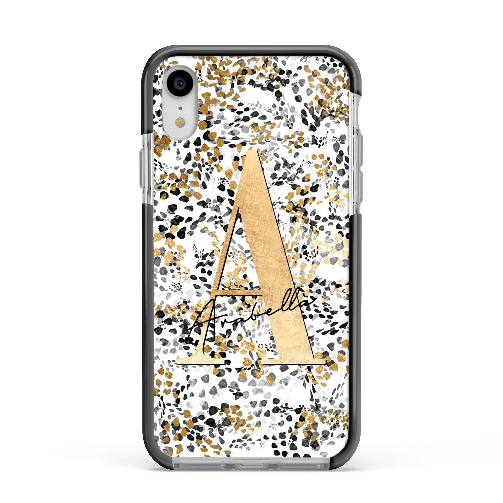 Personalised Gold Black Cheetah Apple iPhone XR Impact Case Black Edge on Silver Phone