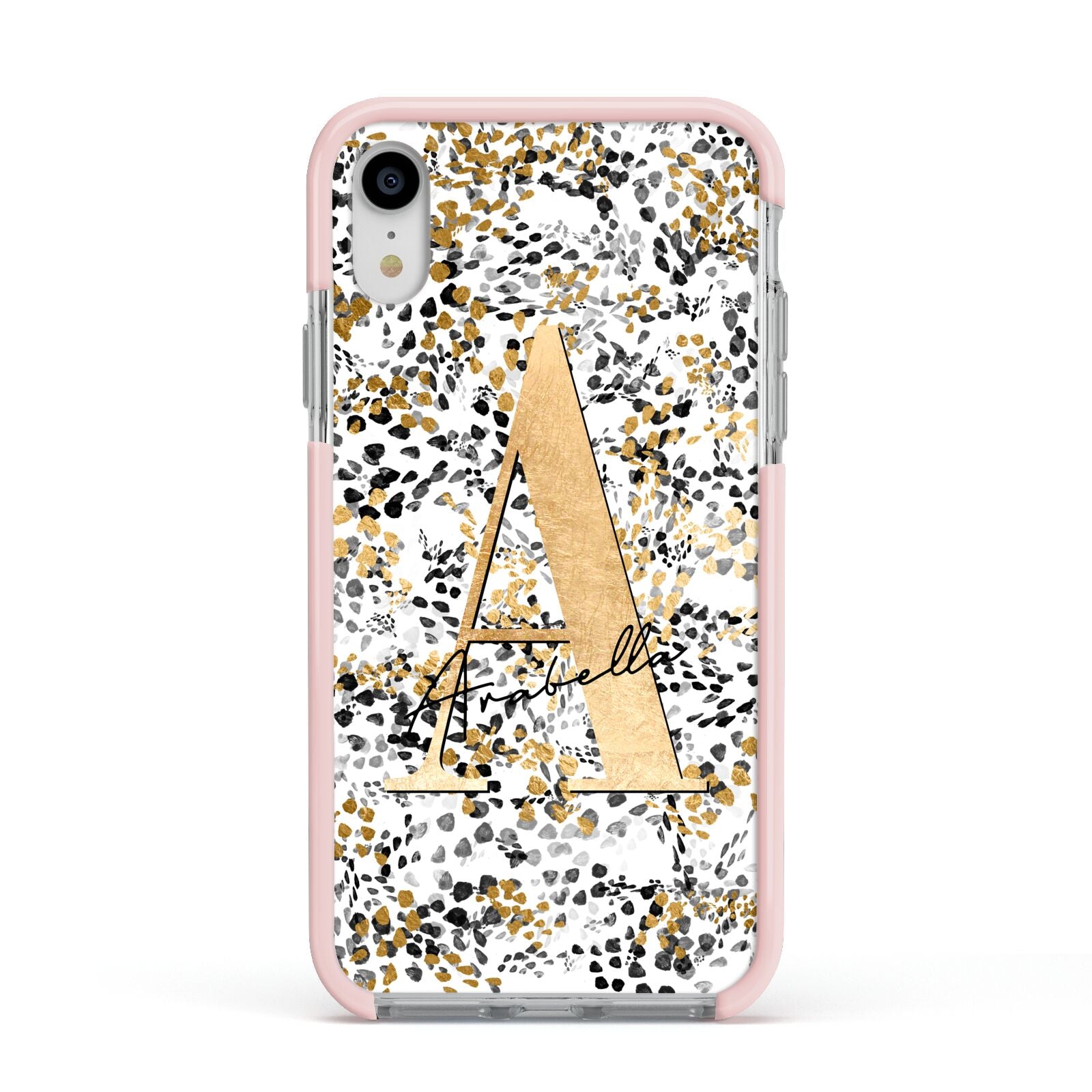 Personalised Gold Black Cheetah Apple iPhone XR Impact Case Pink Edge on Silver Phone