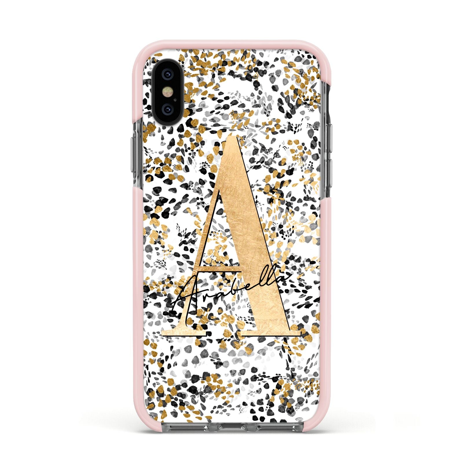 Personalised Gold Black Cheetah Apple iPhone Xs Impact Case Pink Edge on Black Phone