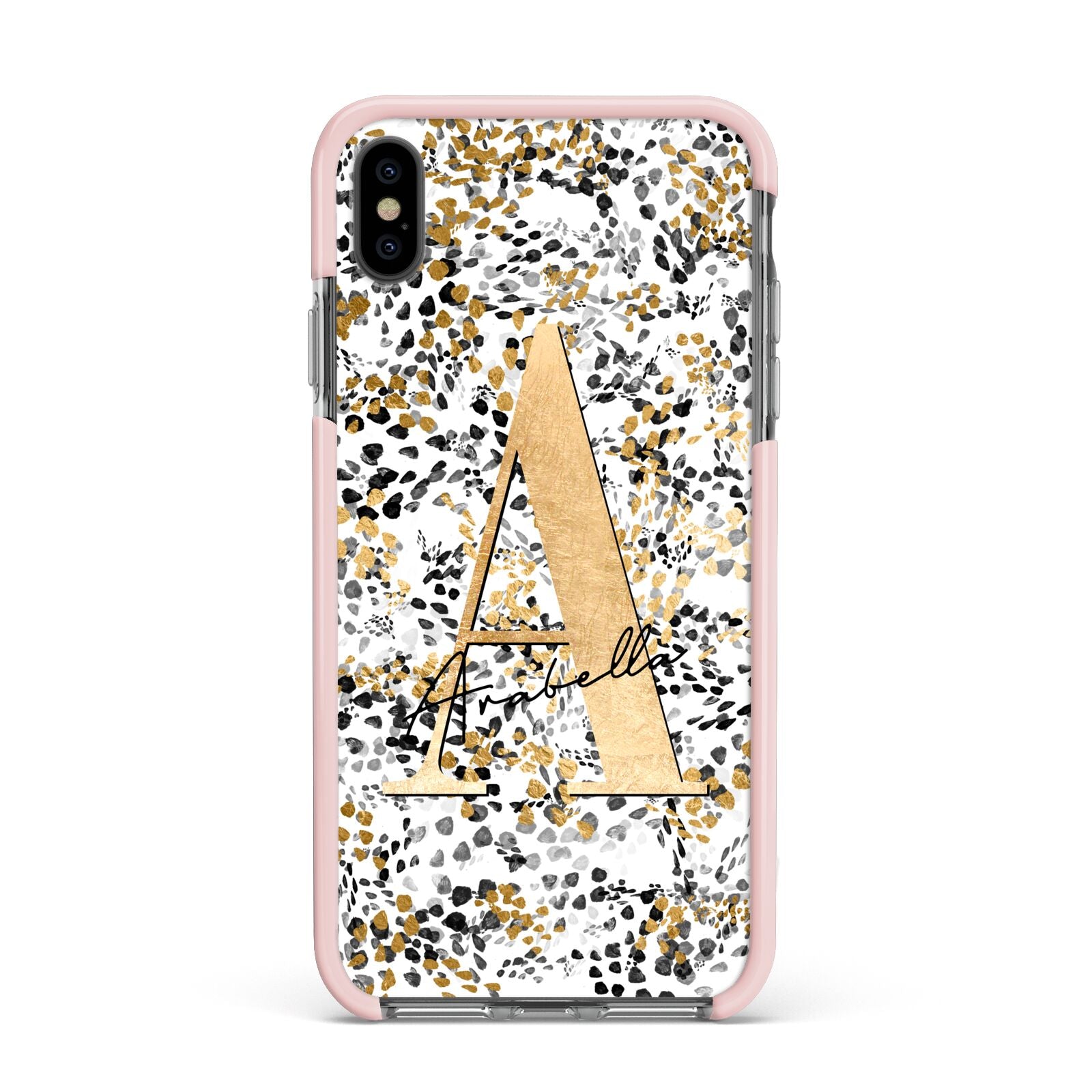 Personalised Gold Black Cheetah Apple iPhone Xs Max Impact Case Pink Edge on Black Phone