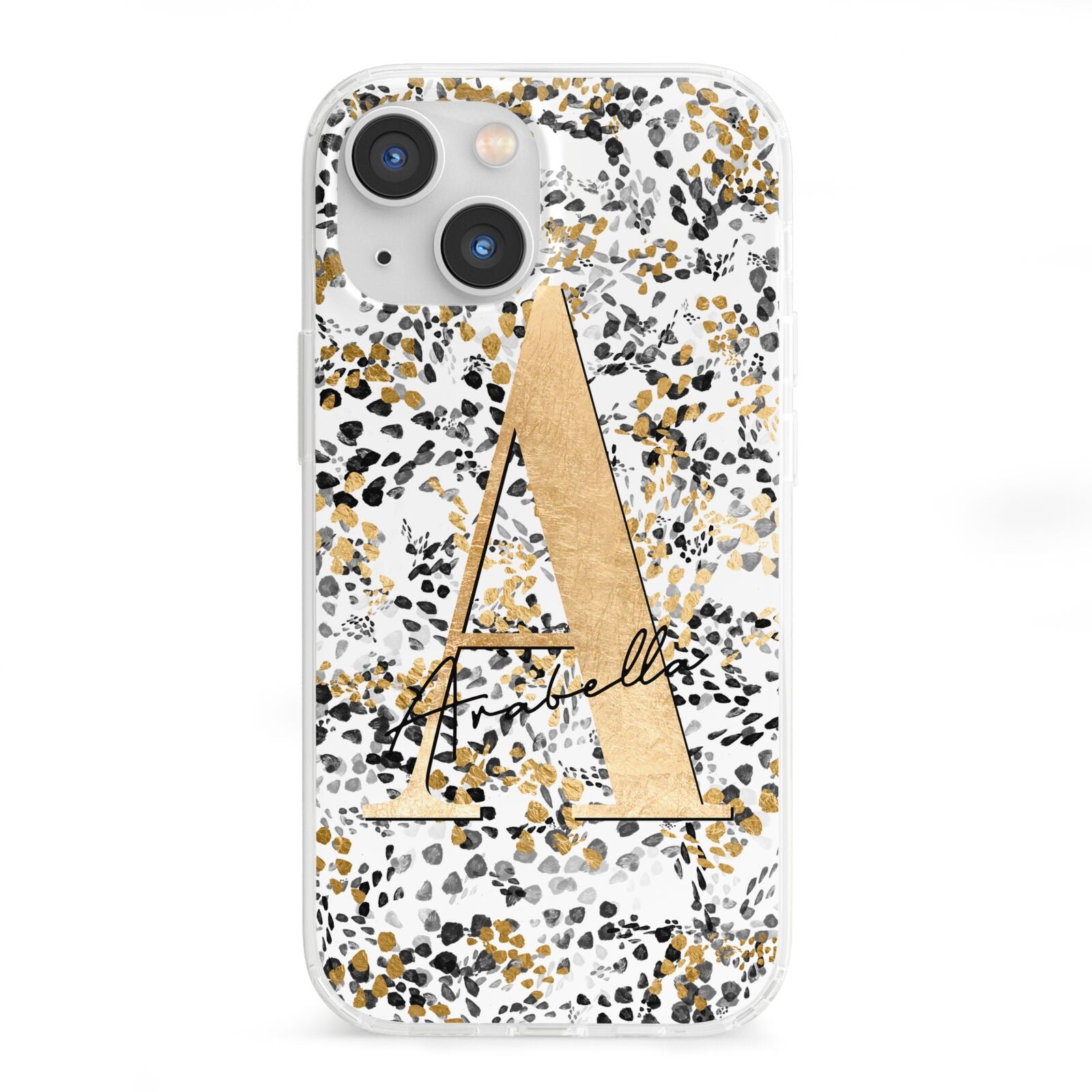 Personalised Gold Black Cheetah iPhone 13 Mini Clear Bumper Case