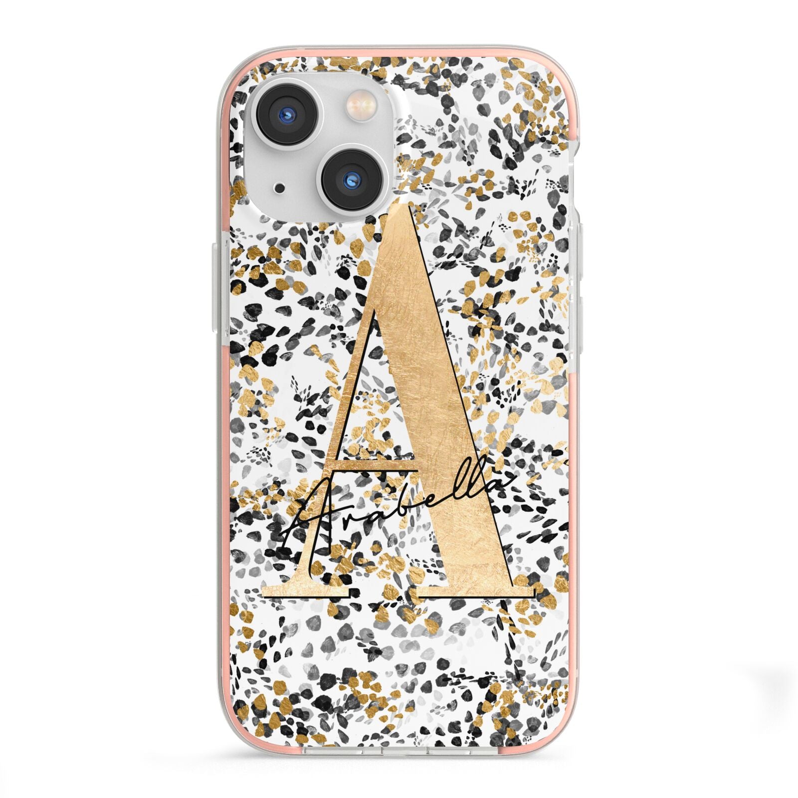 Personalised Gold Black Cheetah iPhone 13 Mini TPU Impact Case with Pink Edges