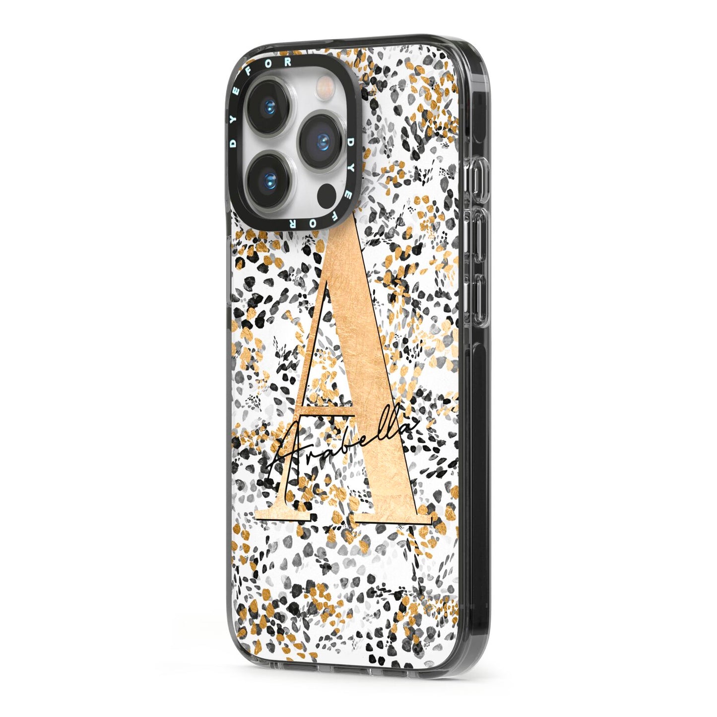 Personalised Gold Black Cheetah iPhone 13 Pro Black Impact Case Side Angle on Silver phone