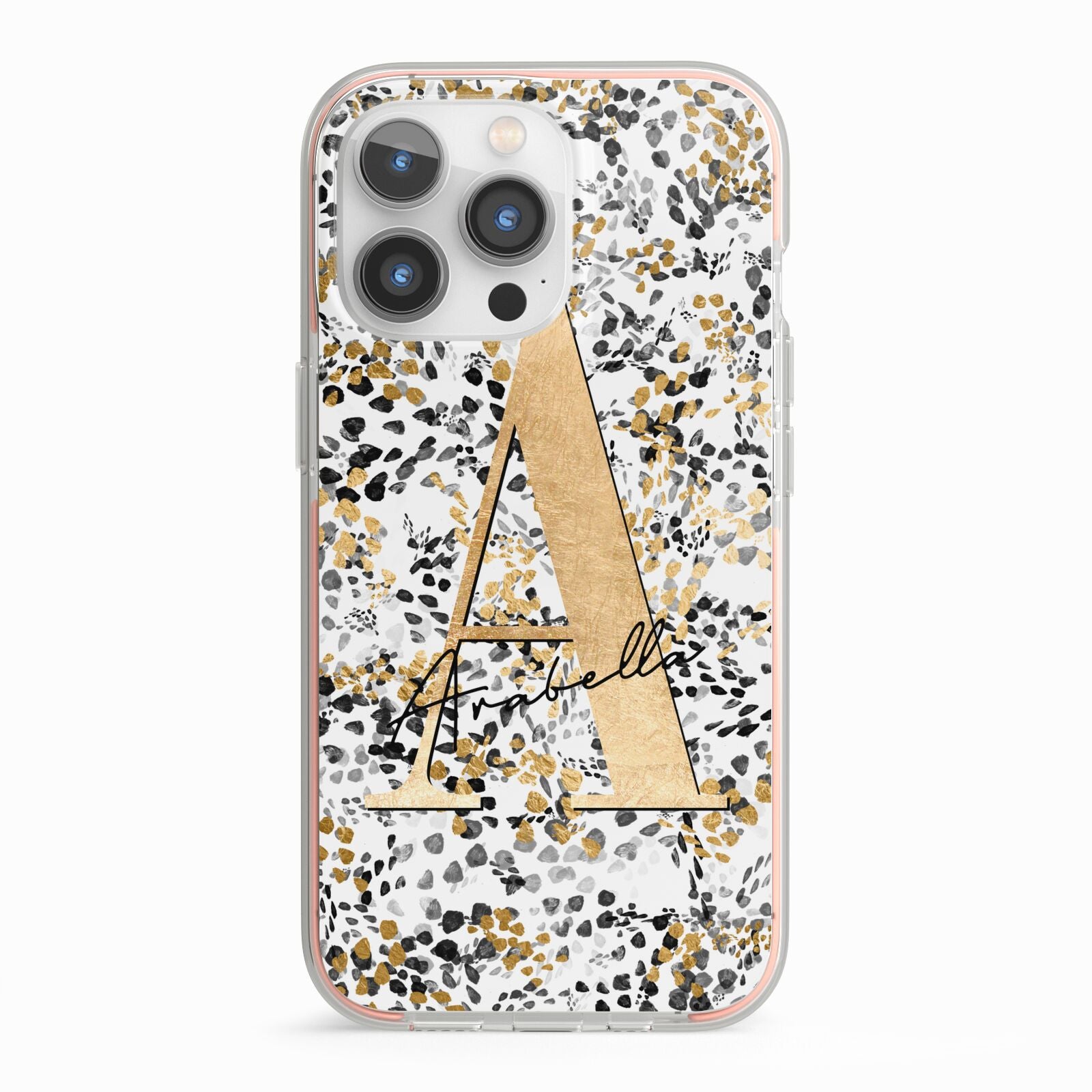 Personalised Gold Black Cheetah iPhone 13 Pro TPU Impact Case with Pink Edges