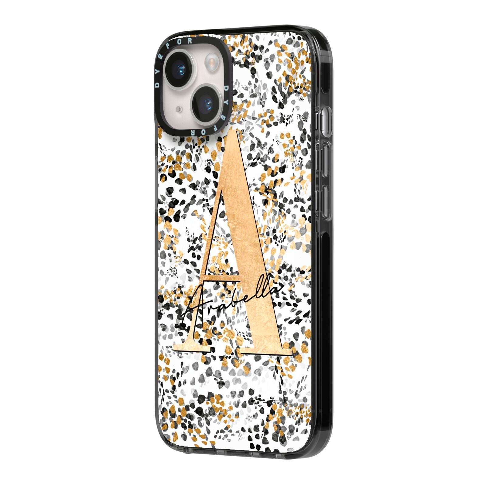 Personalised Gold Black Cheetah iPhone 14 Black Impact Case Side Angle on Silver phone