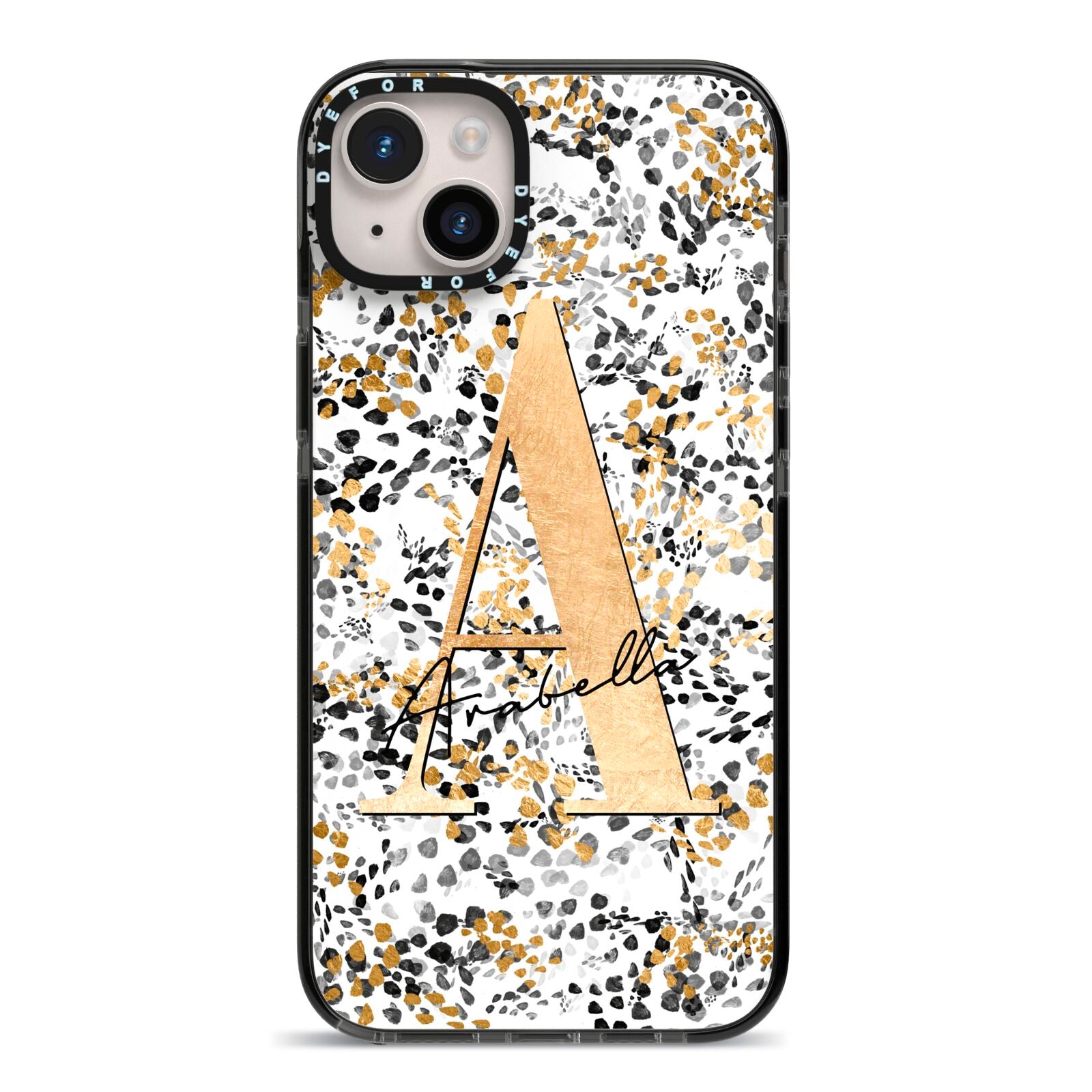 Personalised Gold Black Cheetah iPhone 14 Plus Black Impact Case on Silver phone