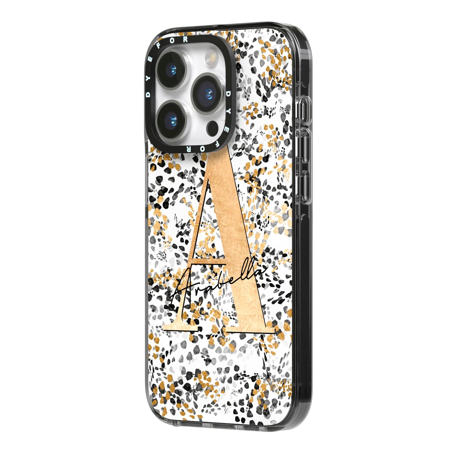 Personalised Gold Black Cheetah iPhone 14 Pro Black Impact Case Side Angle on Silver phone