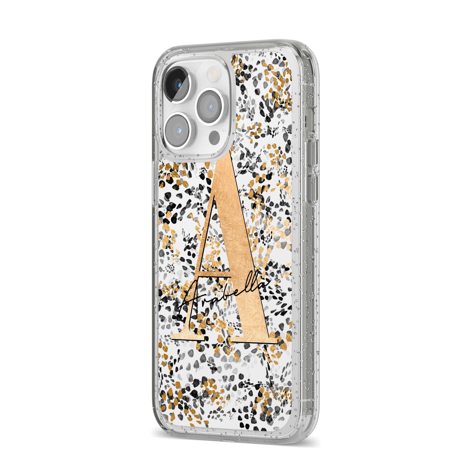 Personalised Gold Black Cheetah iPhone 14 Pro Max Glitter Tough Case Silver Angled Image