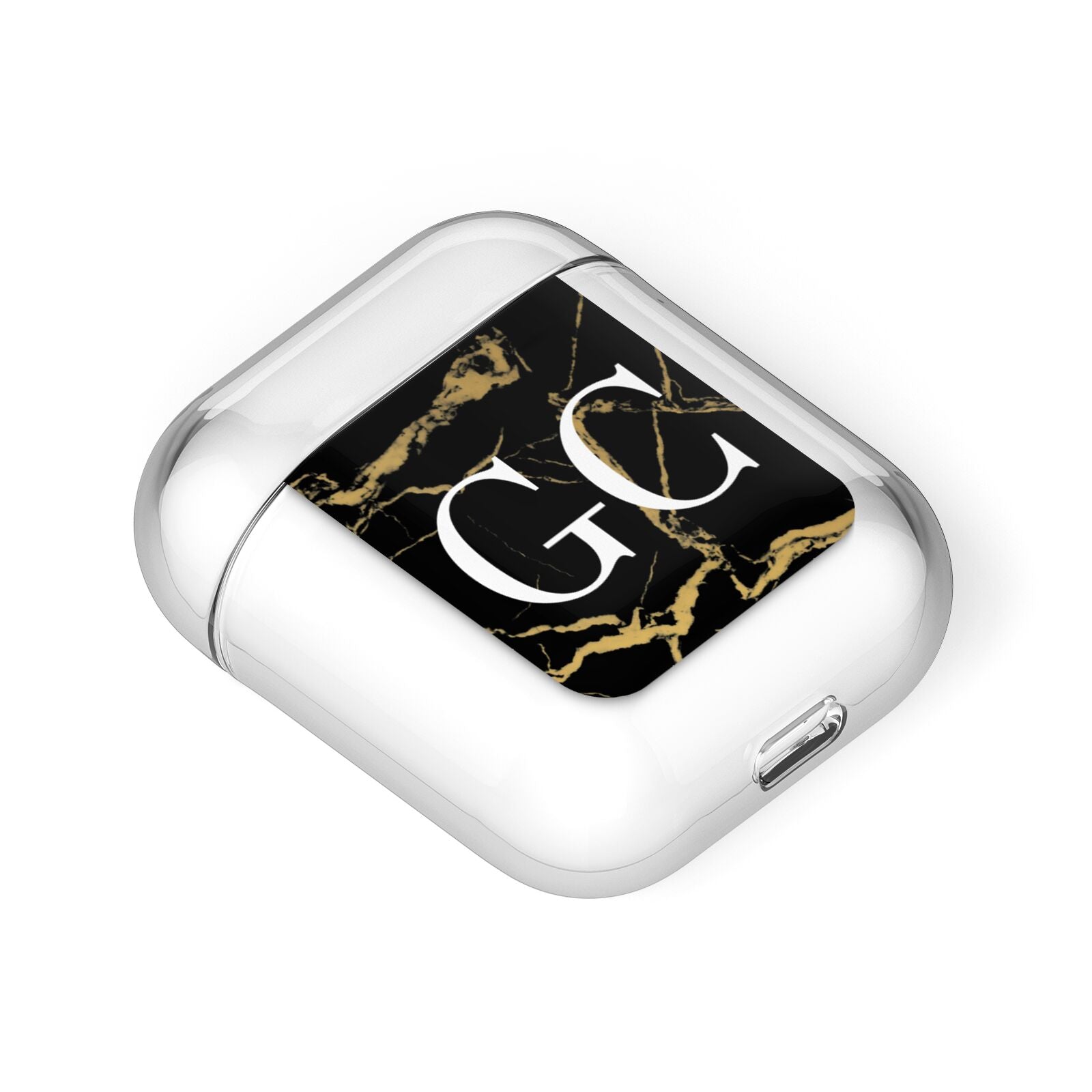 Personalised Gold Black Marble Monogram AirPods Case Laid Flat