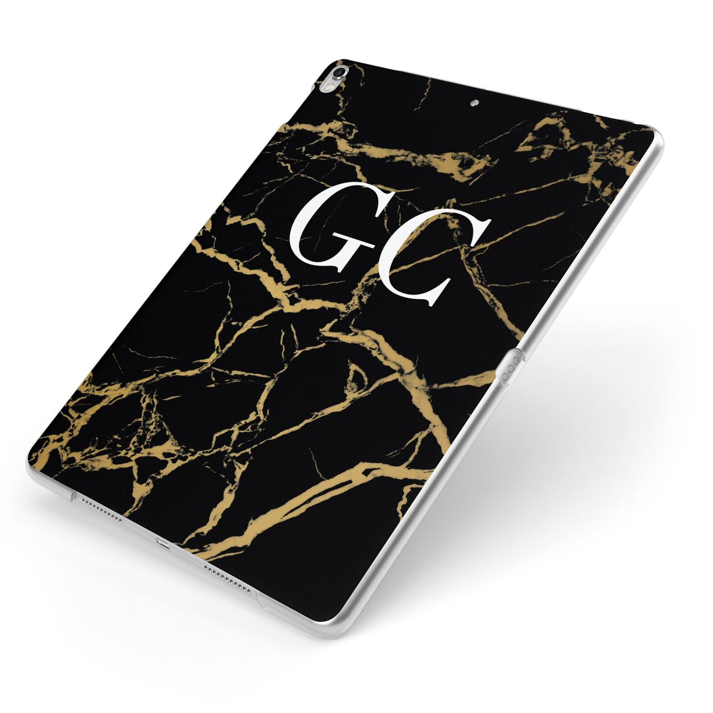 Personalised Gold Black Marble Monogram Apple iPad Case on Silver iPad Side View