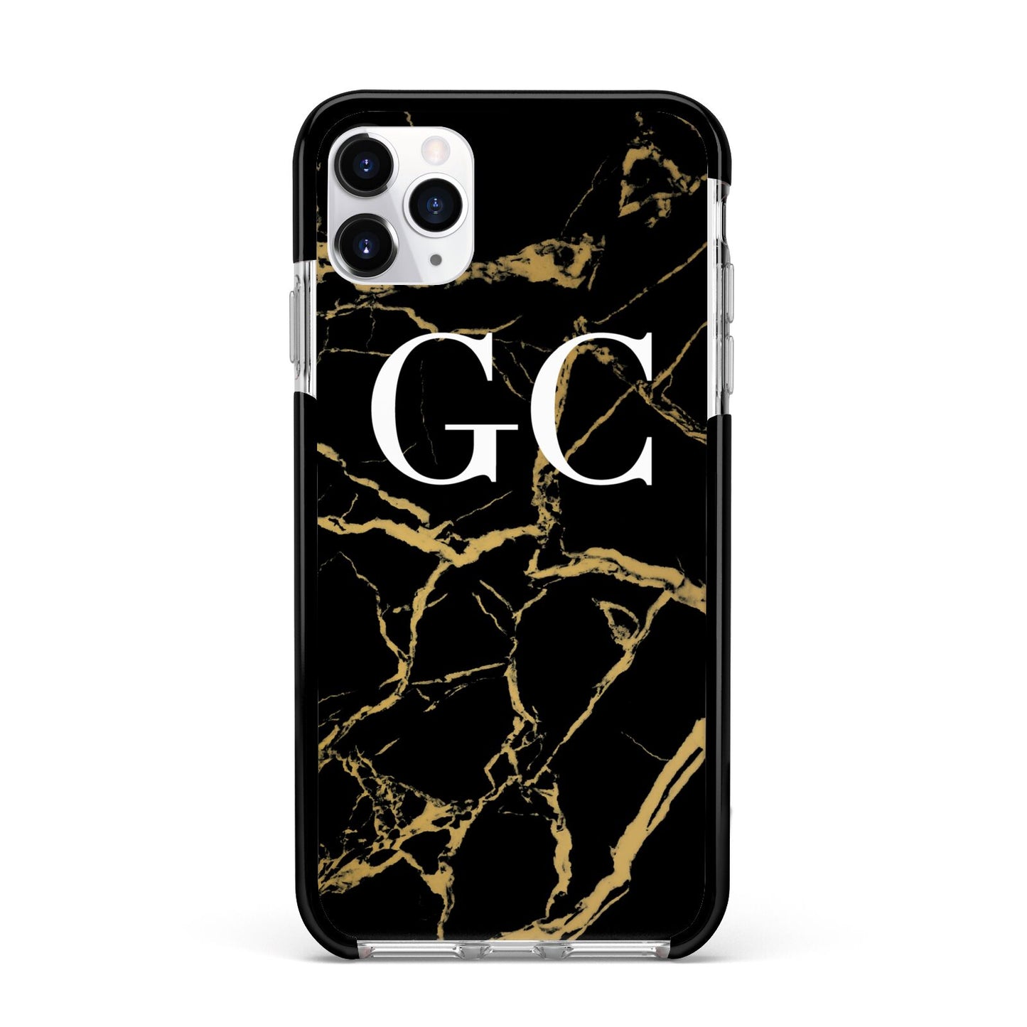 Personalised Gold Black Marble Monogram Apple iPhone 11 Pro Max in Silver with Black Impact Case