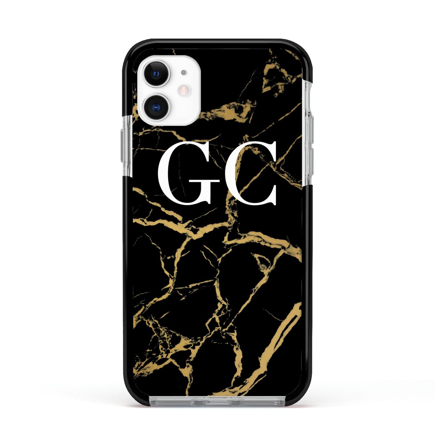 Personalised Gold Black Marble Monogram Apple iPhone 11 in White with Black Impact Case