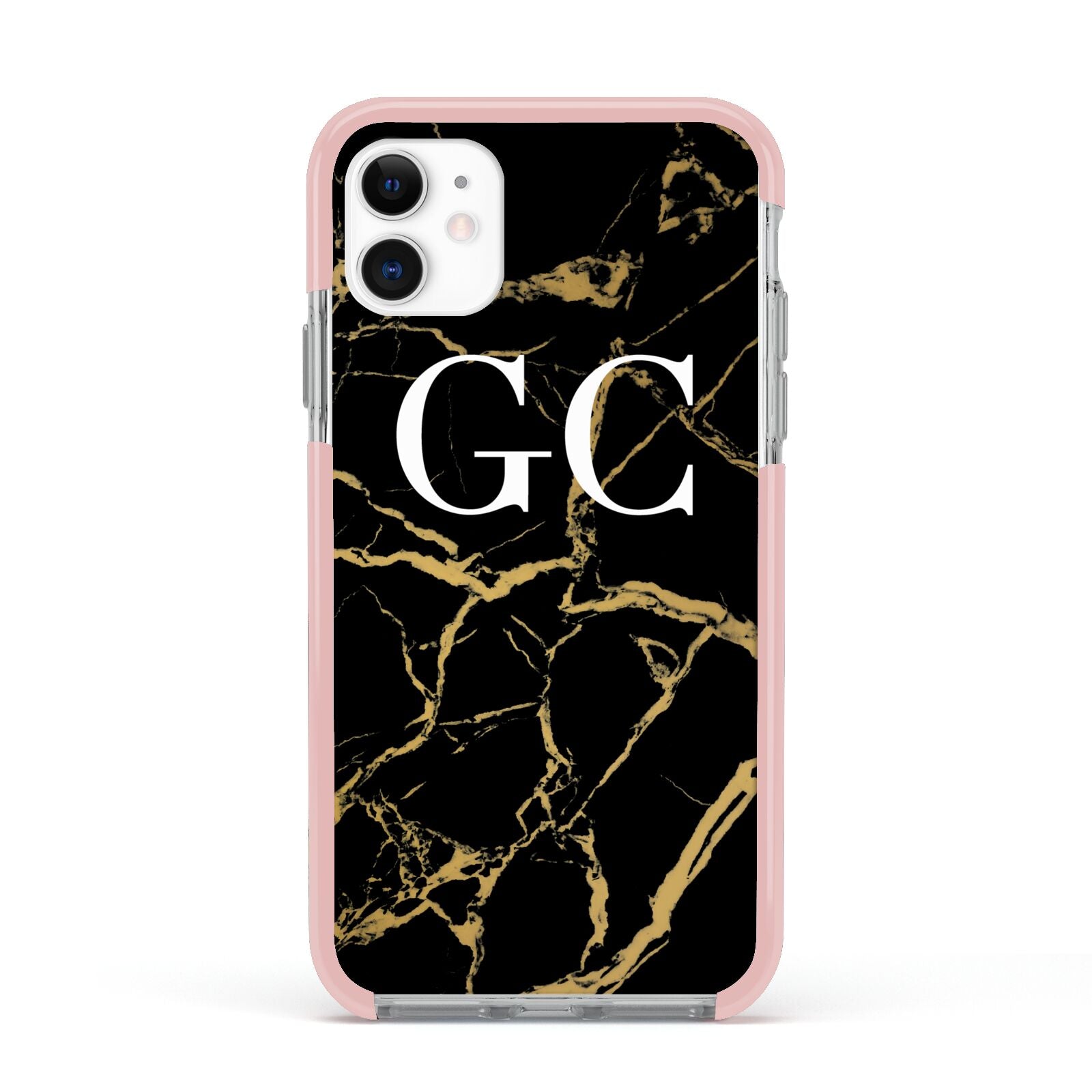 Personalised Gold Black Marble Monogram Apple iPhone 11 in White with Pink Impact Case
