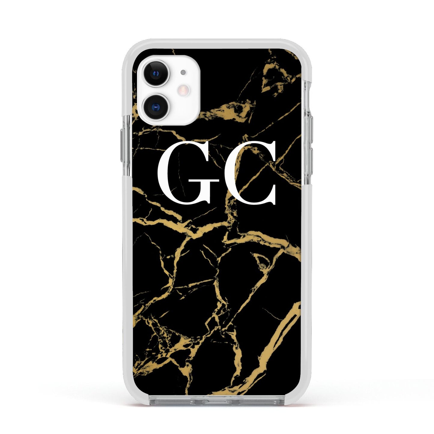 Personalised Gold Black Marble Monogram Apple iPhone 11 in White with White Impact Case