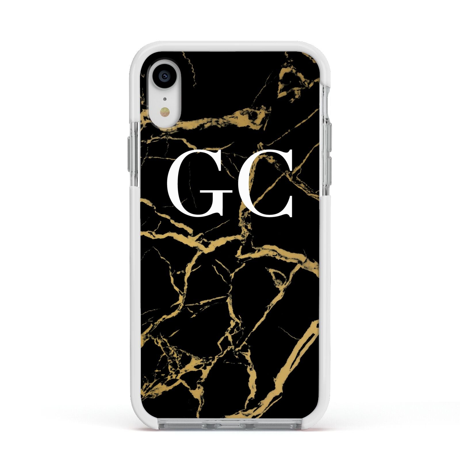 Personalised Gold Black Marble Monogram Apple iPhone XR Impact Case White Edge on Silver Phone