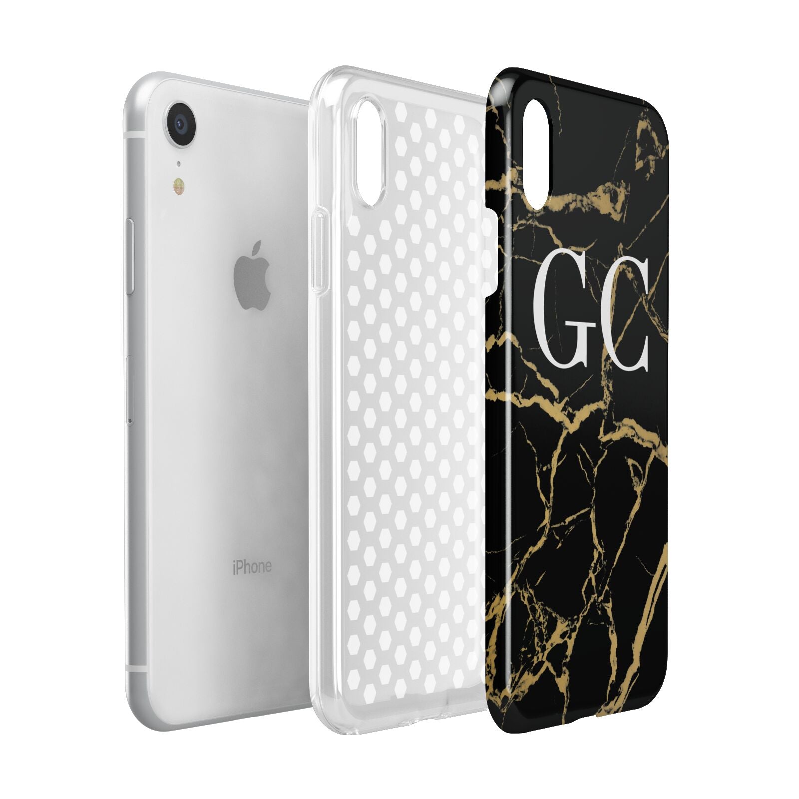 Personalised Gold Black Marble Monogram Apple iPhone XR White 3D Tough Case Expanded view